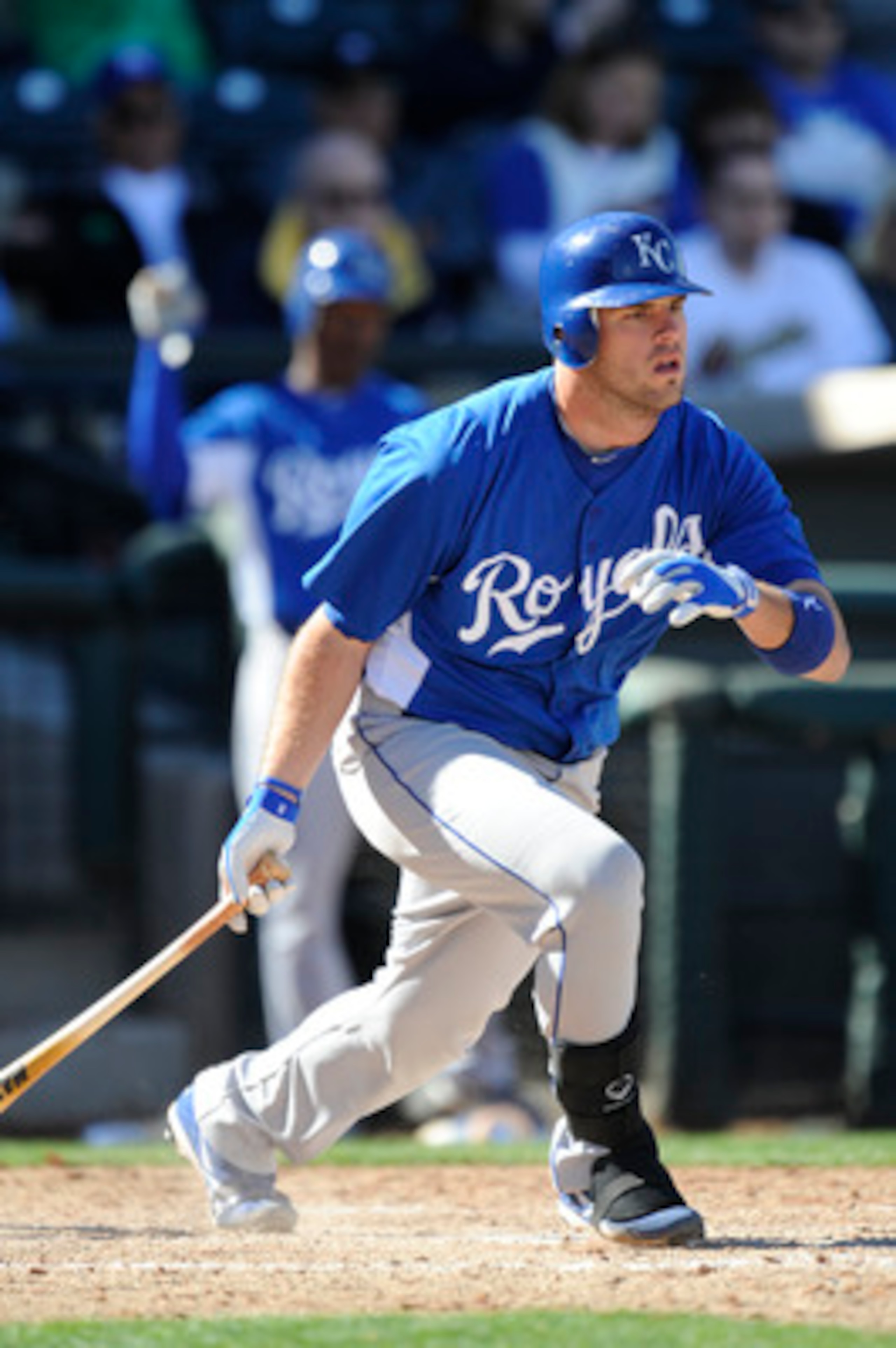 SURPISE, AZ - FEBRUARY 27: Mike Moustakas #8 of the Kansas City Royals bats during a spring training game against the Texas Rangers at Surprise Stadium on February 27, 2011 in Surprise, Arizona. (Photo by Rob Tringali/Getty Images)
