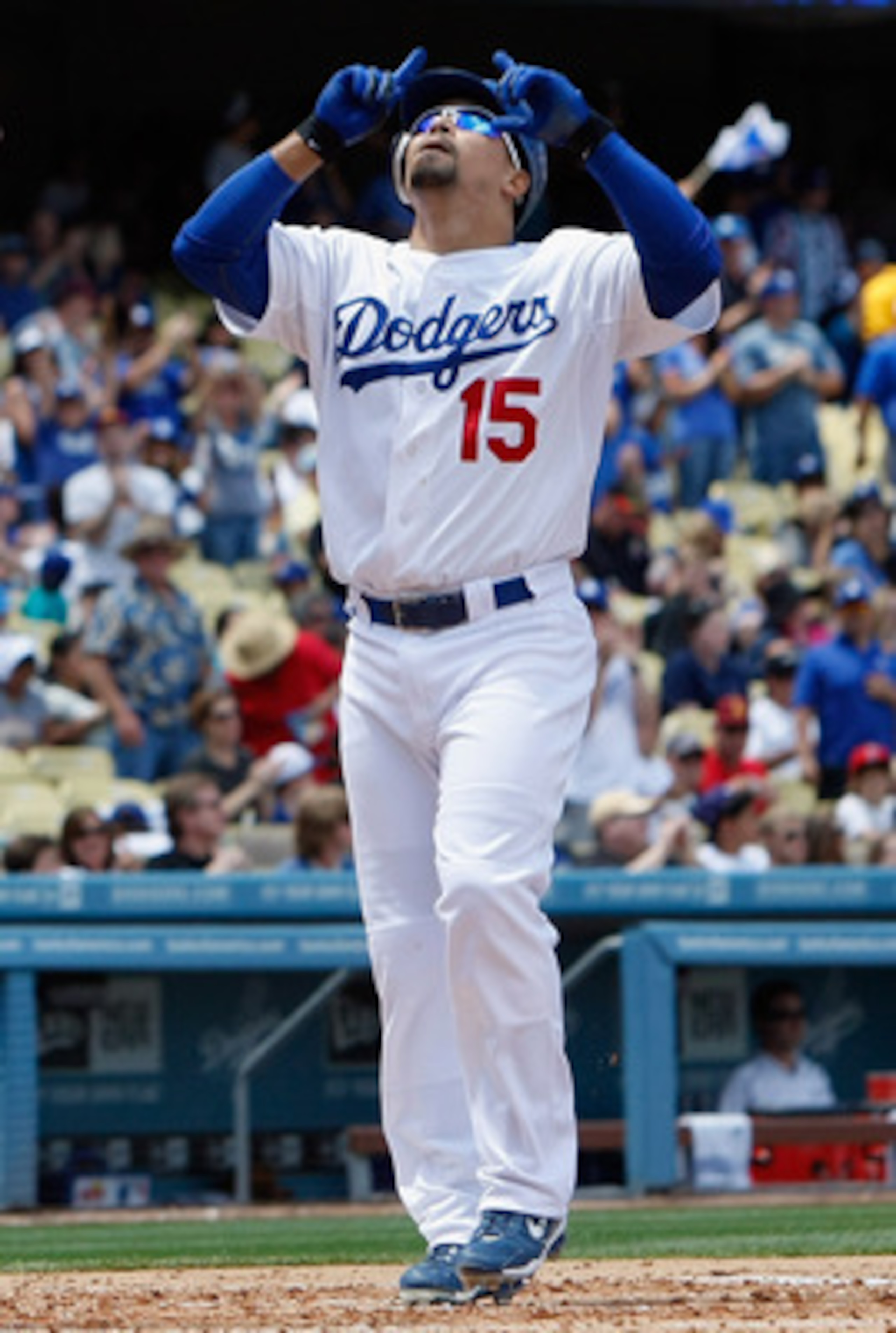 LOS ANGELES, CA - MAY 29:  Rafael Furcal #15 of the Los Angeles Dodgers celebrates after hitting a two-run home run against the Florida Marlins in the third inning at Dodger Stadium on May 29, 2011 in Los Angeles, California. The Dodgers defeated the Marl