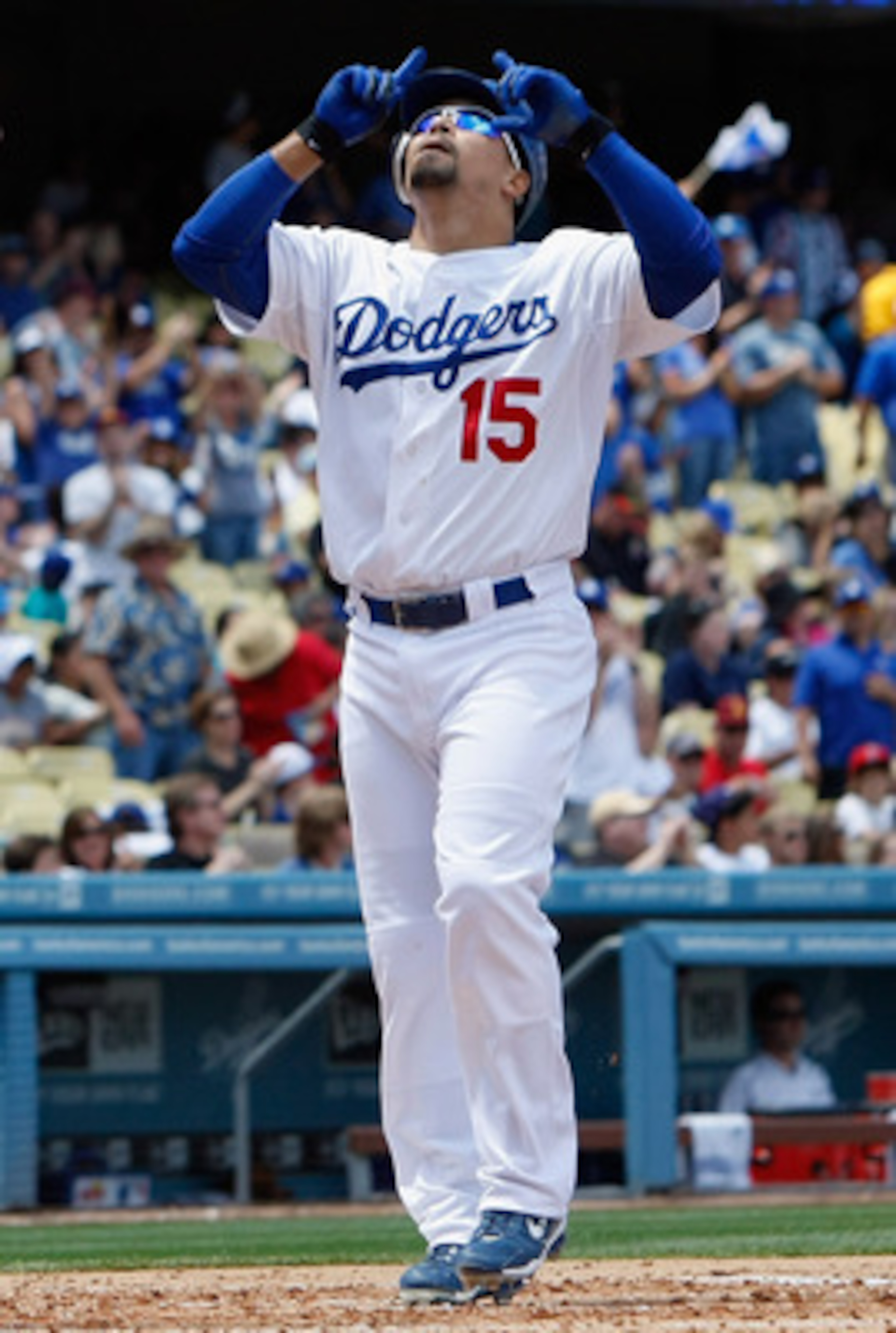 LOS ANGELES, CA - MAY 29:  Rafael Furcal #15 of the Los Angeles Dodgers celebrates after hitting a two-run home run against the Florida Marlins in the third inning at Dodger Stadium on May 29, 2011 in Los Angeles, California. The Dodgers defeated the Marl