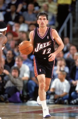 3 May 2000:  John Stockton #12 of the Utah Jazz runs with the ball down the court during the NBA Western Conference Playoffs Round One Game against the Seattle SuperSonics at Key Arena in Seattle, Washington. The SuperSonics defeated the Jazz 104-93  NOTE