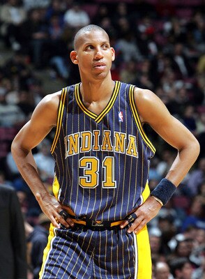 EAST RUTHERFORD, NJ - MARCH 22:  Reggie Miller #31 of the Indiana Pacers looks into the crowd during a time out during their game against the New Jersey Nets on March 22, 2005 at Continental Airlines Arena in East Rutherford, New Jersey. The Nets defeated
