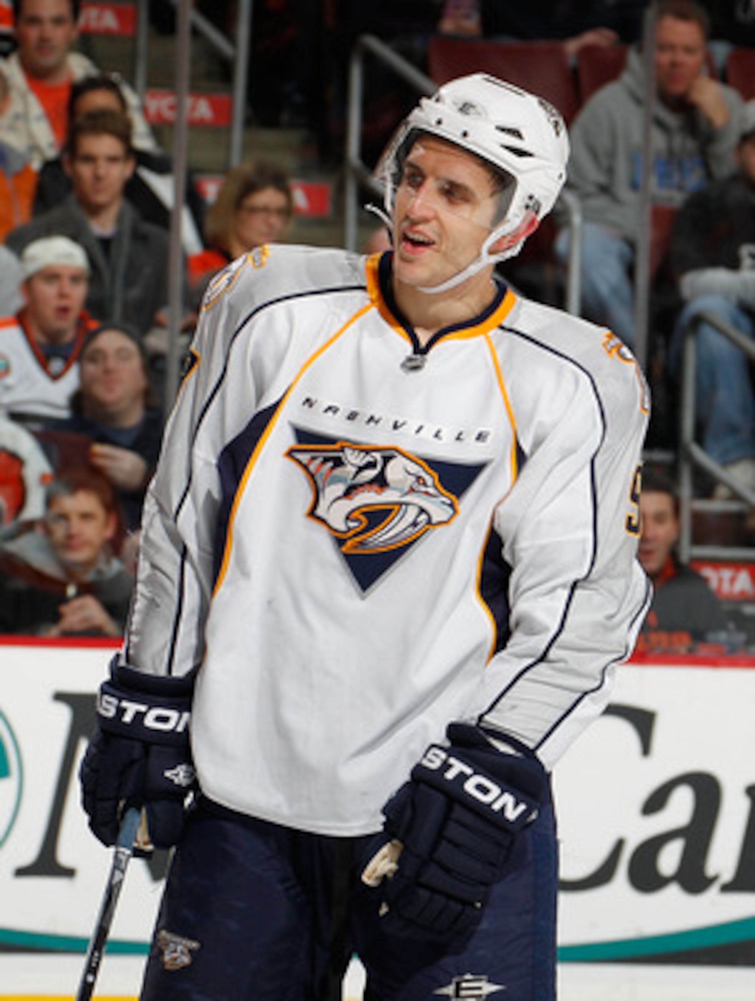 PHILADELPHIA, PA - FEBRUARY 03:  Marcel Goc #9 of the Nashville Predators talks  during a timeout in an NHL hockey game against the Philadelphia Flyers at the Wells Fargo Center on February 3, 2011 in Philadelphia, Pennsylvania.  (Photo by Paul Bereswill/