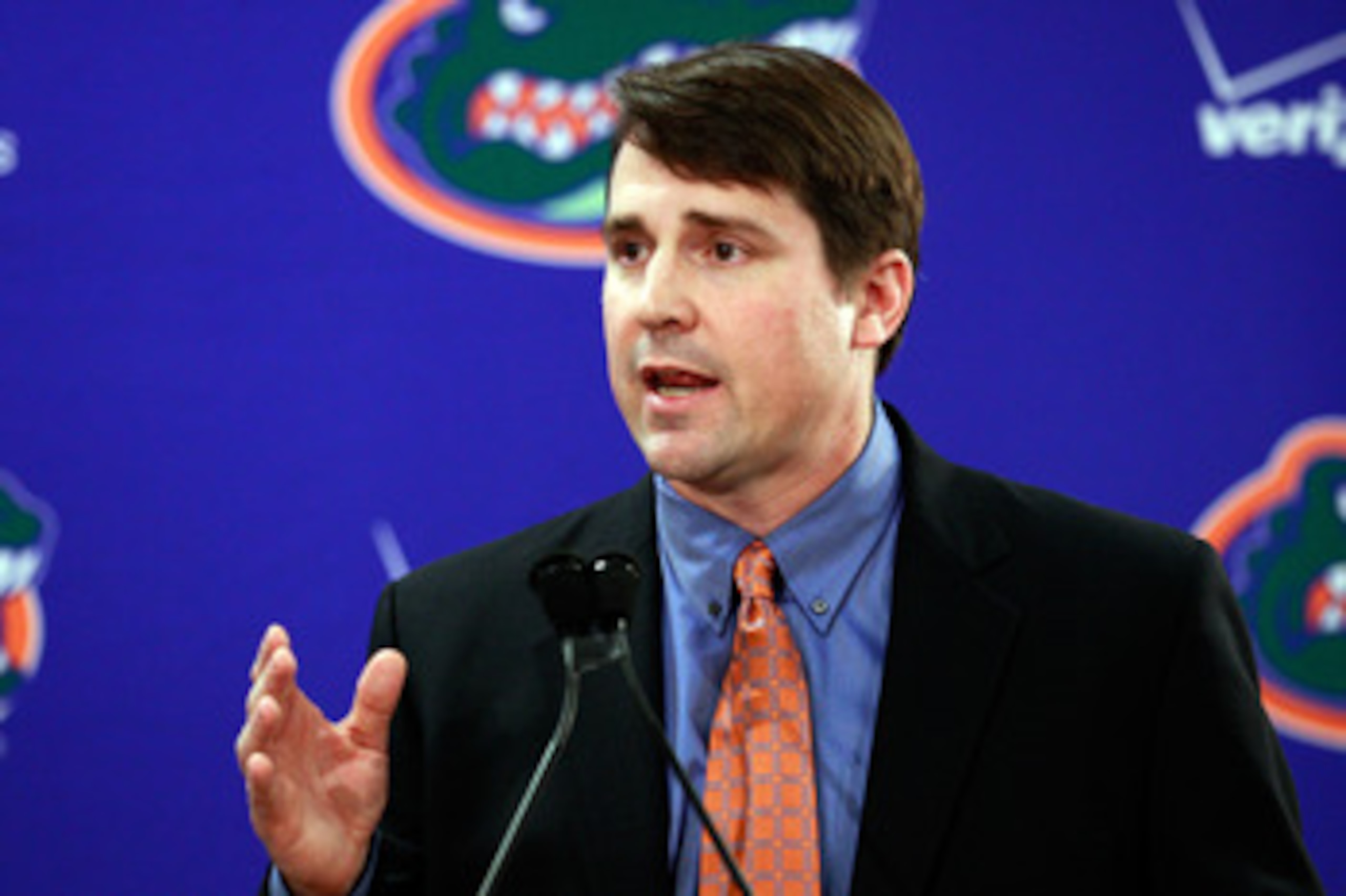 GAINESVILLE, FL - DECEMBER 14:  Former defensive coordinator for the University of Texas, Will Muschamp speaks to the media after being introduced as the head coach of the University of Florida on December 14, 2010 in Gainesville, Florida.  Muschamp is re