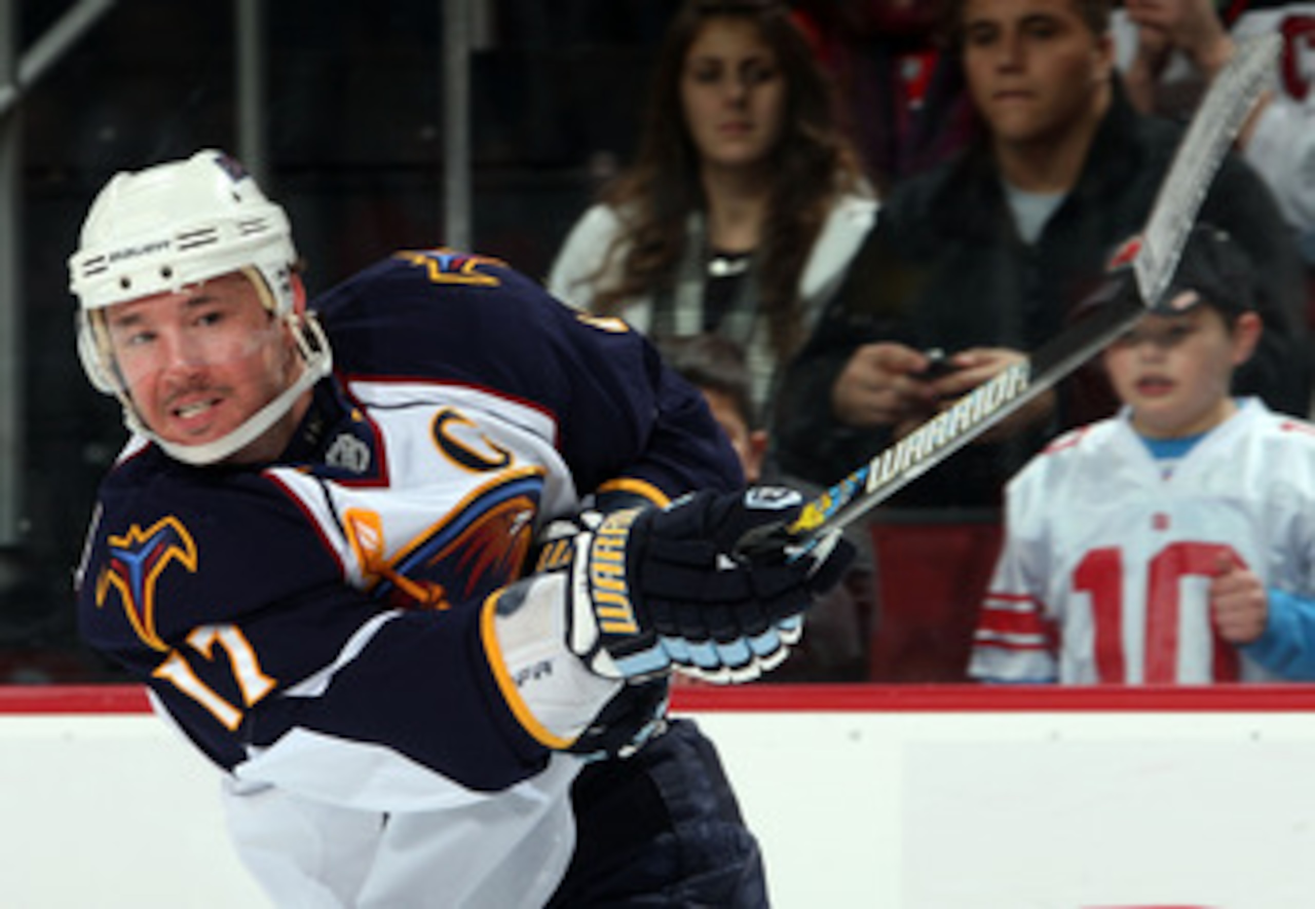 NEWARK, NJ - DECEMBER 28:  Ilya Kovalchuk #17 of the Atlanta Thrashers follows through on a shot against the New Jersey Devils at the Prudential Center on December 28, 2009 in Newark, New Jersey.  (Photo by Jim McIsaac/Getty Images)