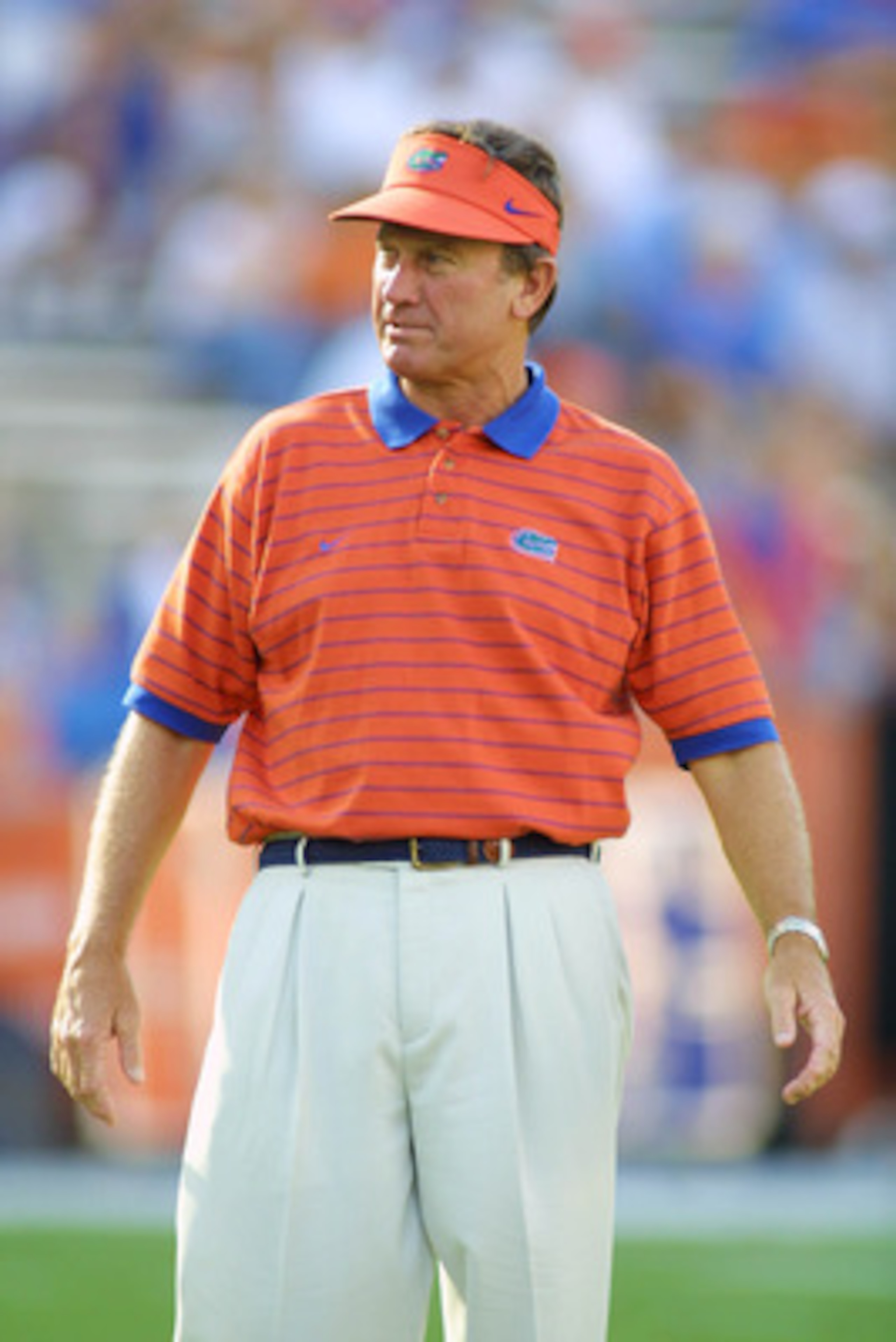 08 Sep 2001:   Steve Spurrier, coach of the Florida Gators watches his team warm up prior to the game against the La.-Monroe Indians at Florida Field in Gainesville, Florida.  The Gators defeated the Indians 55-6. DIGITAL IMAGE.  Mandatory Credit:  Scott 