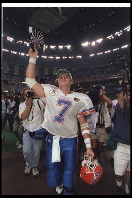 2 Jan 1997:  Quarterback Danny Wuerffel of the Florida Gators celebrates after the Nokia Sugar Bowl against the Floirda State Seminoles at the Superdome in New Orleans, Louisiana.  Florida won the game, 52-20. Mandatory Credit: Brian Bahr  /Allsport