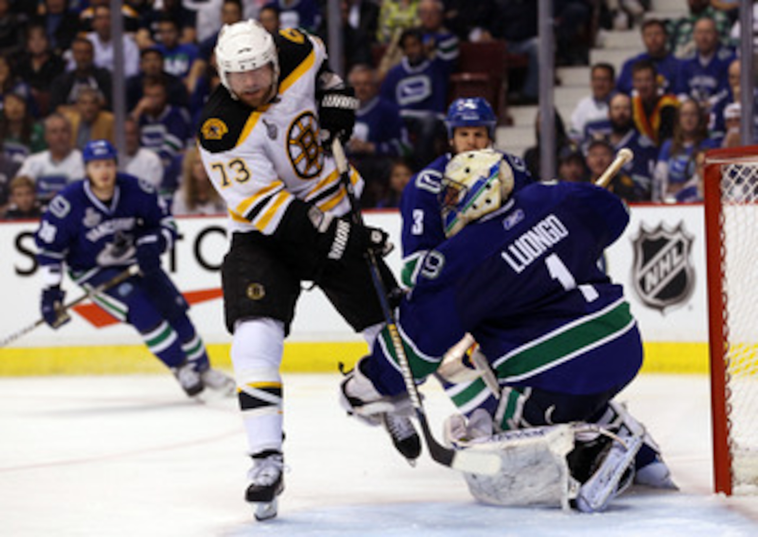 VANCOUVER, BC - JUNE 01:  Roberto Luongo #1 of the Vancouver Canucks tends goal against Michael Ryder #73 of the Boston Bruins during game one of the 2011 NHL Stanley Cup Finals at Rogers Arena on June 1, 2011 in Vancouver, Canada.  (Photo by Bruce Bennet