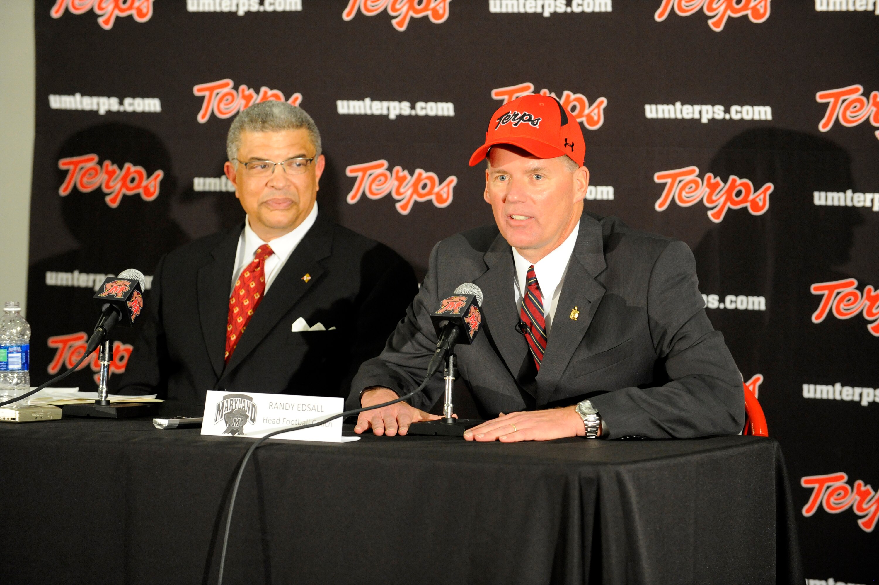 COLLEGE PARK, MD - JANUARY 3:  Randy Edsall speaks as he is introduced as the University of Maryland Terps new head football coach as Athletic Director Kevin Anderson (L) of the University of Maryland looks on during a press conference on January 3, 2011