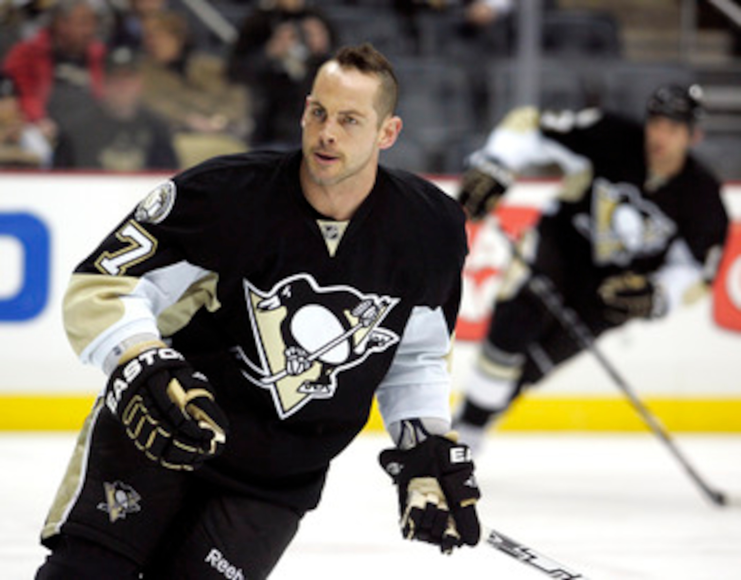 PITTSBURGH, PA - APRIL 05:  Craig Adams #27 of the Pittsburgh Penguins warms up before taking on the New Jersey Devils at Consol Energy Center on April 5, 2011 in Pittsburgh, Pennsylvania.  (Photo by Justin K. Aller/Getty Images)