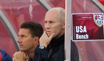 FOXBORO, MA - JUNE 4:  Head coach Bob Bradley of the United States watches from the sidelines as his team looses to Spain 4-0 at Gillette Stadium on June 4, 2011 in Foxboro, Massachusetts. (Photo by Gail Oskin/Getty Images)