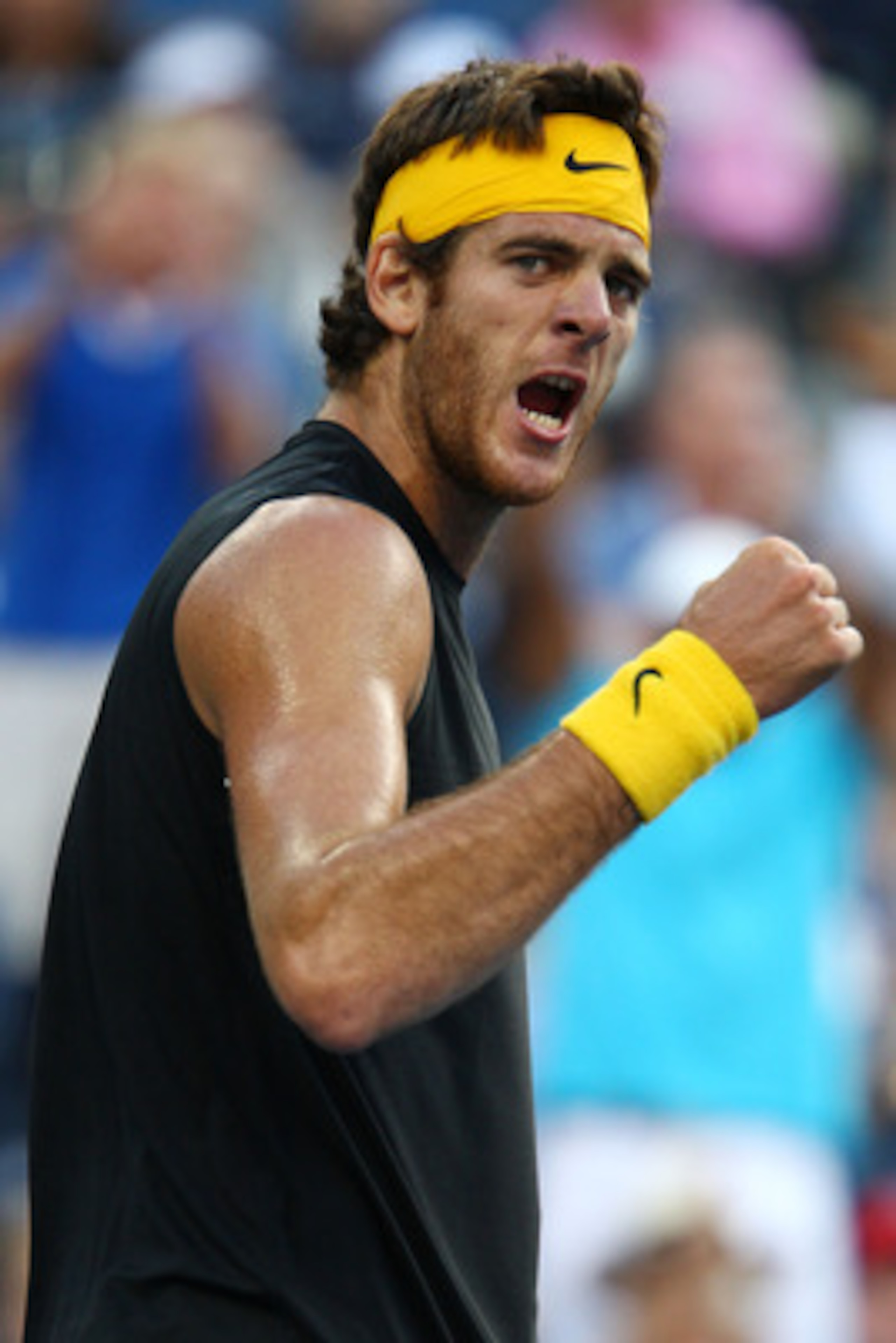 NEW YORK - SEPTEMBER 14:  Juan Martin Del Potro of Argentina celebrates winning the second set tiebreak against Roger Federer of Switzerland during the Menï¿½s Singles final on day fifteen of the 2009 U.S. Open at the USTA Billie Jean King National Tennis C