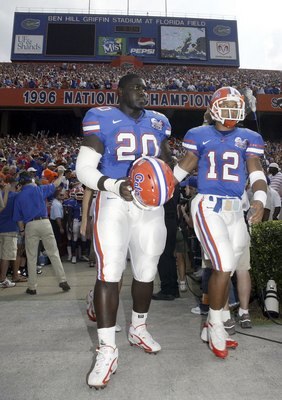 GAINESVILLE, FL - OCTOBER 07:  Florida Gators quarterback Chris Leak #12 and defensive back Joe Cohen #20 take the field against the Louisiana State Tigers at Ben Hill Griffin Stadium on October 7, 2006 in Gainesville, Florida.  (Photo by Marc Serota/Gett