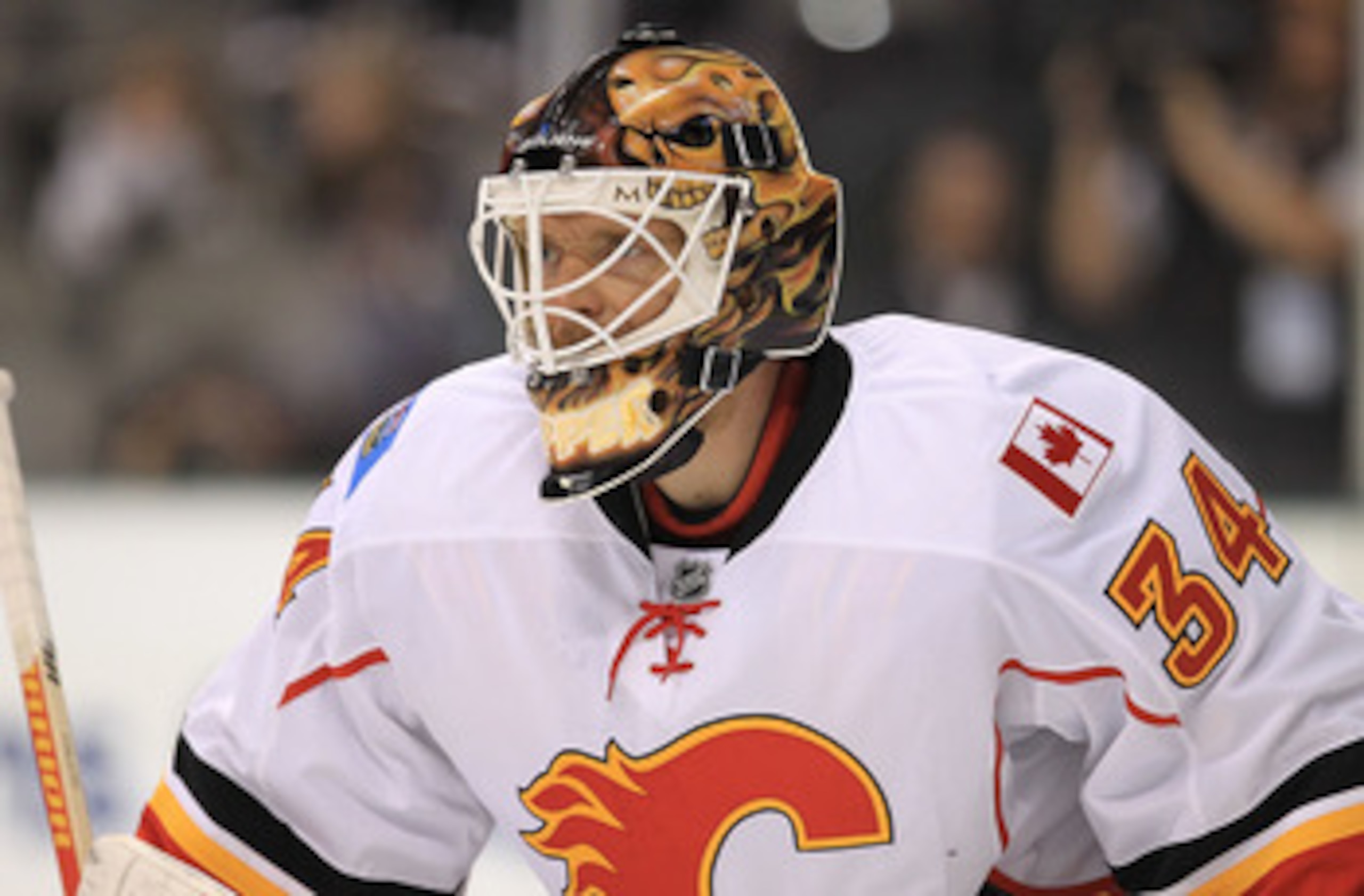 DALLAS, TX - MARCH 09:  Goaltender Miikka Kiprusoff #34 of the Calgary Flames at American Airlines Center on March 9, 2011 in Dallas, Texas.  (Photo by Ronald Martinez/Getty Images)