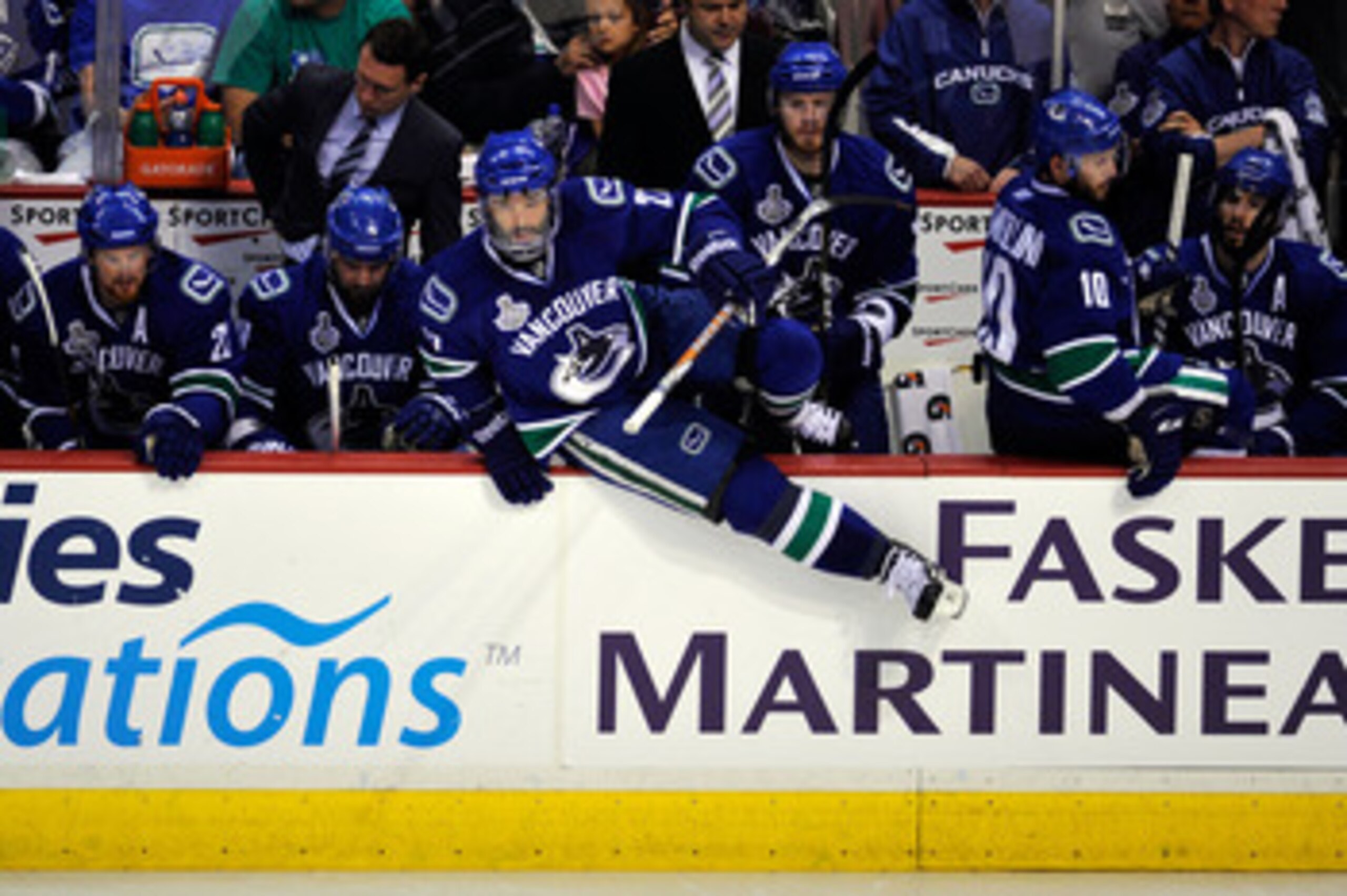 VANCOUVER, BC - JUNE 04:  Manny Malhotra #27 of the Vancouver Canucks hops on the ice during a line change during Game Two against the Boston Bruins in the 2011 NHL Stanley Cup Final at Rogers Arena on June 4, 2011 in Vancouver, British Columbia, Canada. 