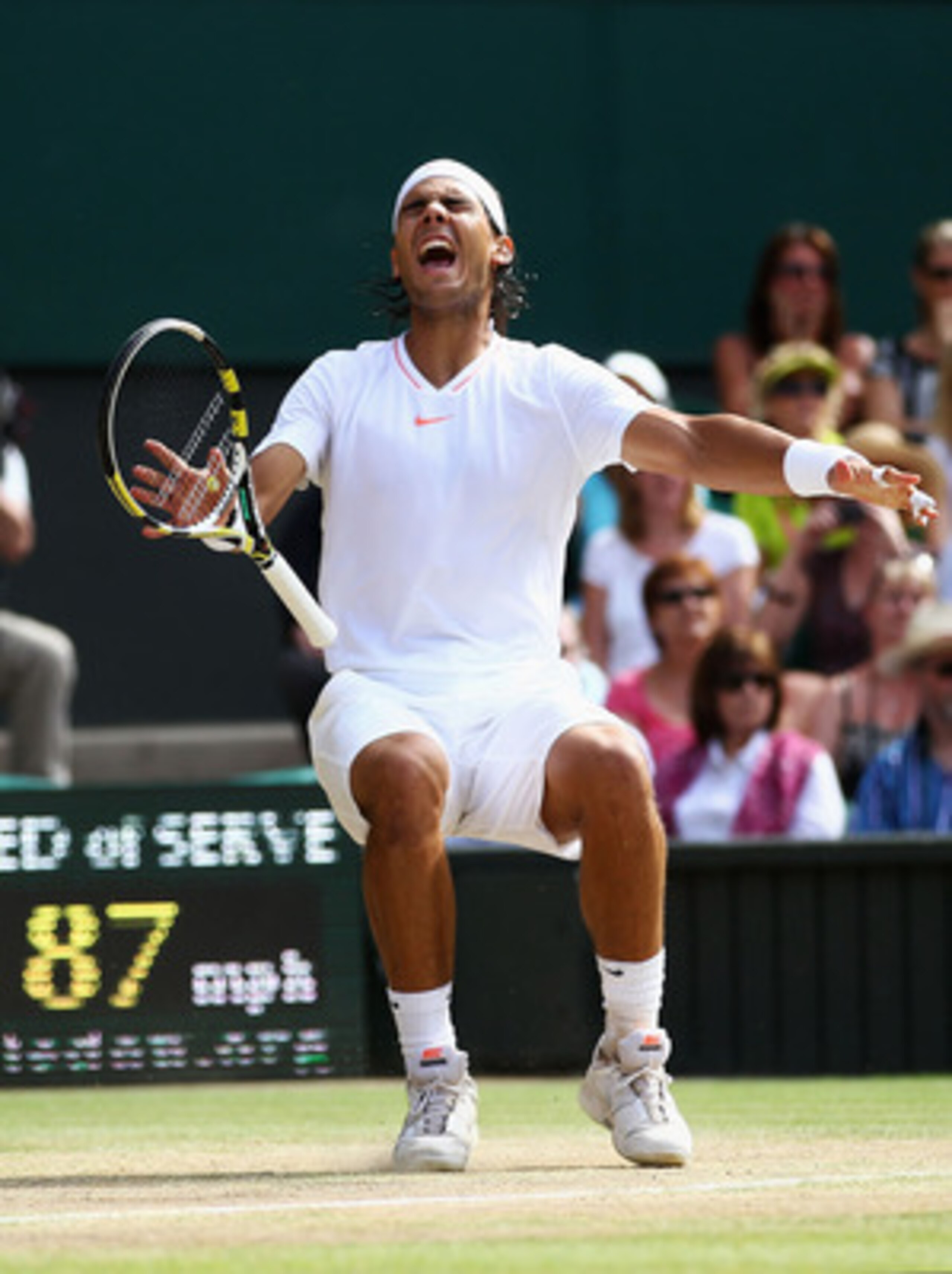 LONDON, ENGLAND - JULY 04: Rafael Nadal of Spain celebrates Championship Point during his Mens Singles Final match against Tomas Berdych of Czech Republic on Day Thirteen of the Wimbledon Lawn Tennis Championships at the All England Lawn Tennis and Croqu LONDON, ENGLAND - JULY 04: Rafael Nadal of Spain celebrates Championship Point during his Mens Singles Final match against Tomas Berdych of Czech Republic on Day Thirteen of the Wimbledon Lawn Tennis Championships at the All England Lawn Tennis and Croqu