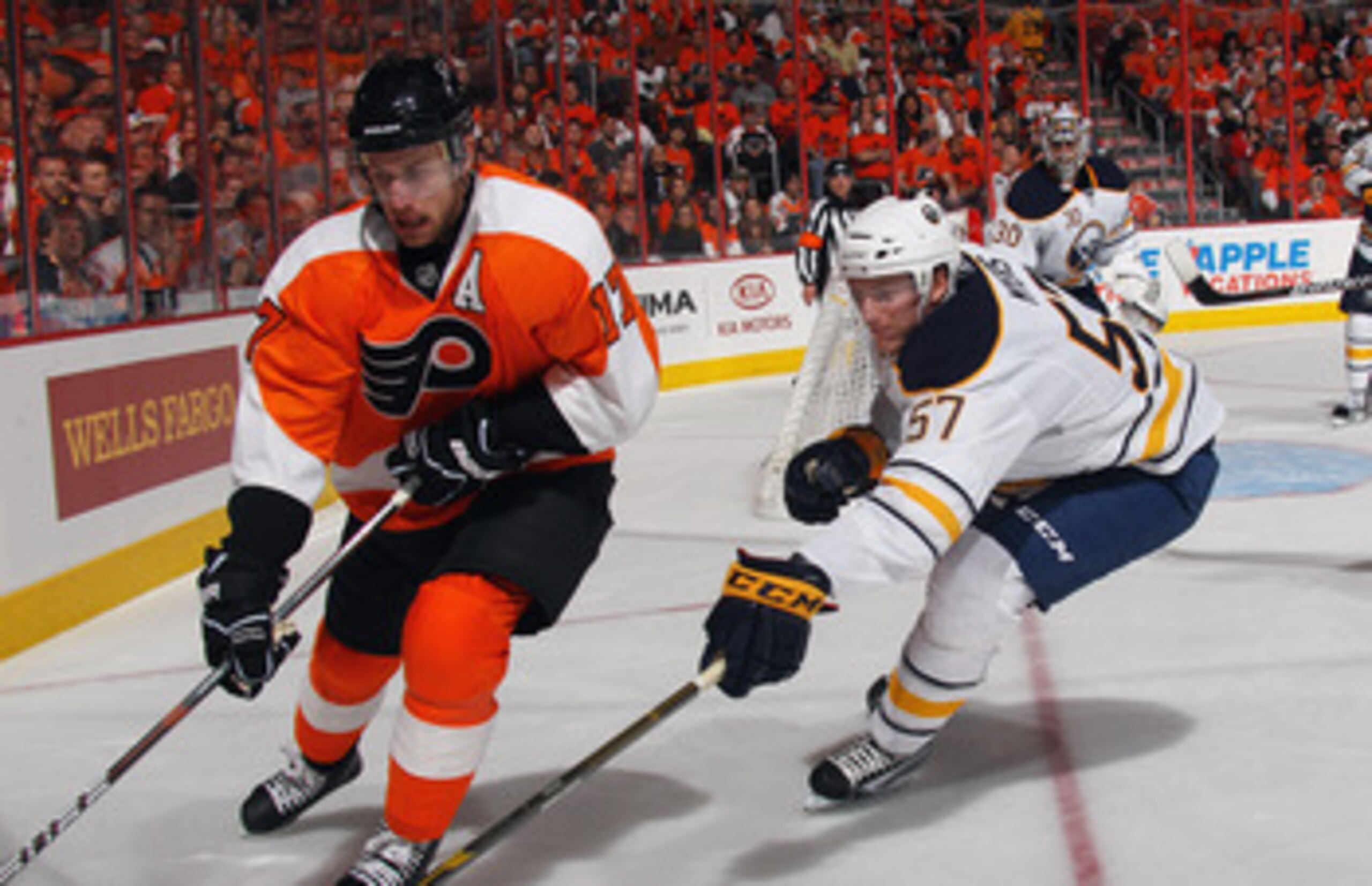 PHILADELPHIA, PA - APRIL 14: Tyler Myers #57 of the Buffalo Sabres checks Jeff Carter #17 of the Philadelphia Flyers in Game One of the Eastern Conference Quarterfinals during the 2011 NHL Stanley Cup Playoffs at Wells Fargo Center on April 14, 2011 in Ph PHILADELPHIA, PA - APRIL 14: Tyler Myers #57 of the Buffalo Sabres checks Jeff Carter #17 of the Philadelphia Flyers in Game One of the Eastern Conference Quarterfinals during the 2011 NHL Stanley Cup Playoffs at Wells Fargo Center on April 14, 2011 in Ph