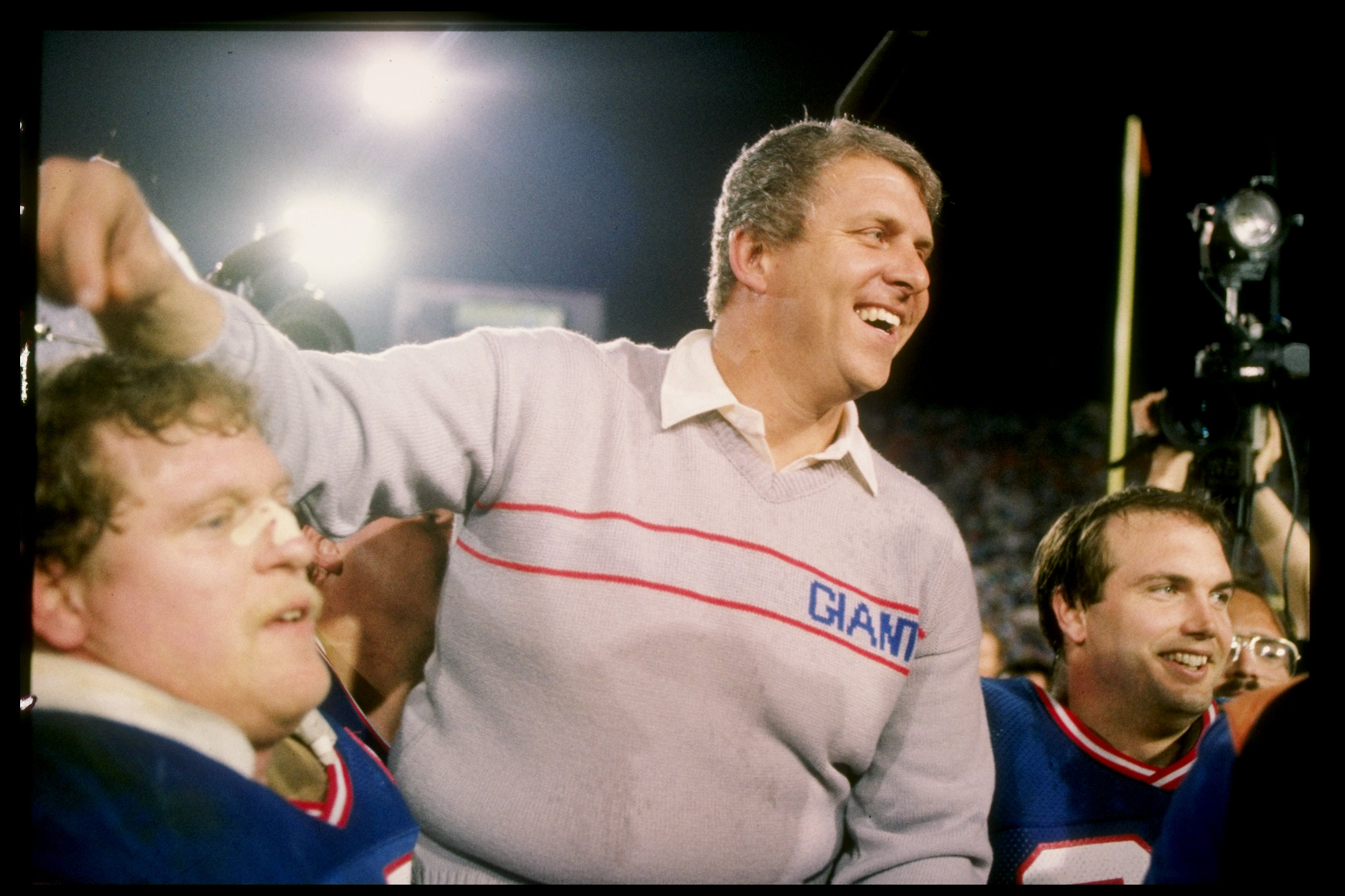 25 Jan 1987: Head coach Bill Parcells of the New York Giants celebrates after Super Bowl XXI against the Denver Broncos at the Rose Bowl in Pasadena, California. The Giants won the game 39-20.