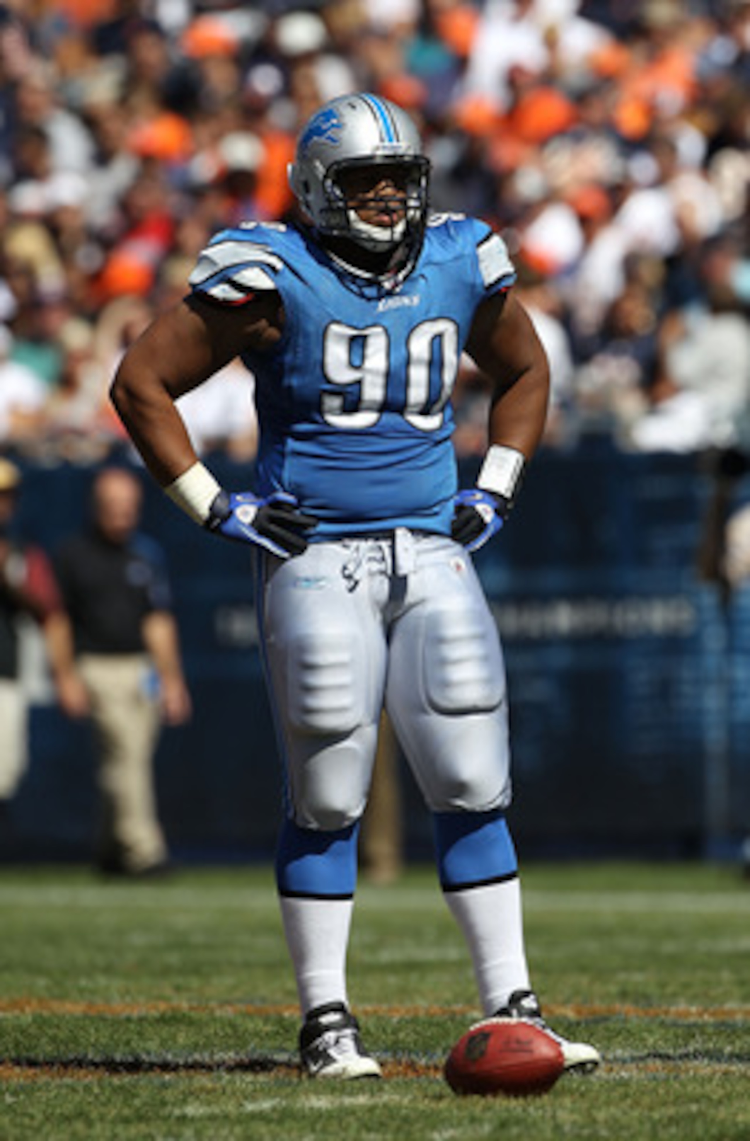 CHICAGO - SEPTEMBER 12: Ndamukong Suh #90 of the Detroit Lions awaits the start of play against the Chicago Bears during the NFL season opening game at Soldier Field on September 12, 2010 in Chicago, Illinois. The Bears defeated the Lions 19-14. (Photo by CHICAGO - SEPTEMBER 12: Ndamukong Suh #90 of the Detroit Lions awaits the start of play against the Chicago Bears during the NFL season opening game at Soldier Field on September 12, 2010 in Chicago, Illinois. The Bears defeated the Lions 19-14. (Photo by