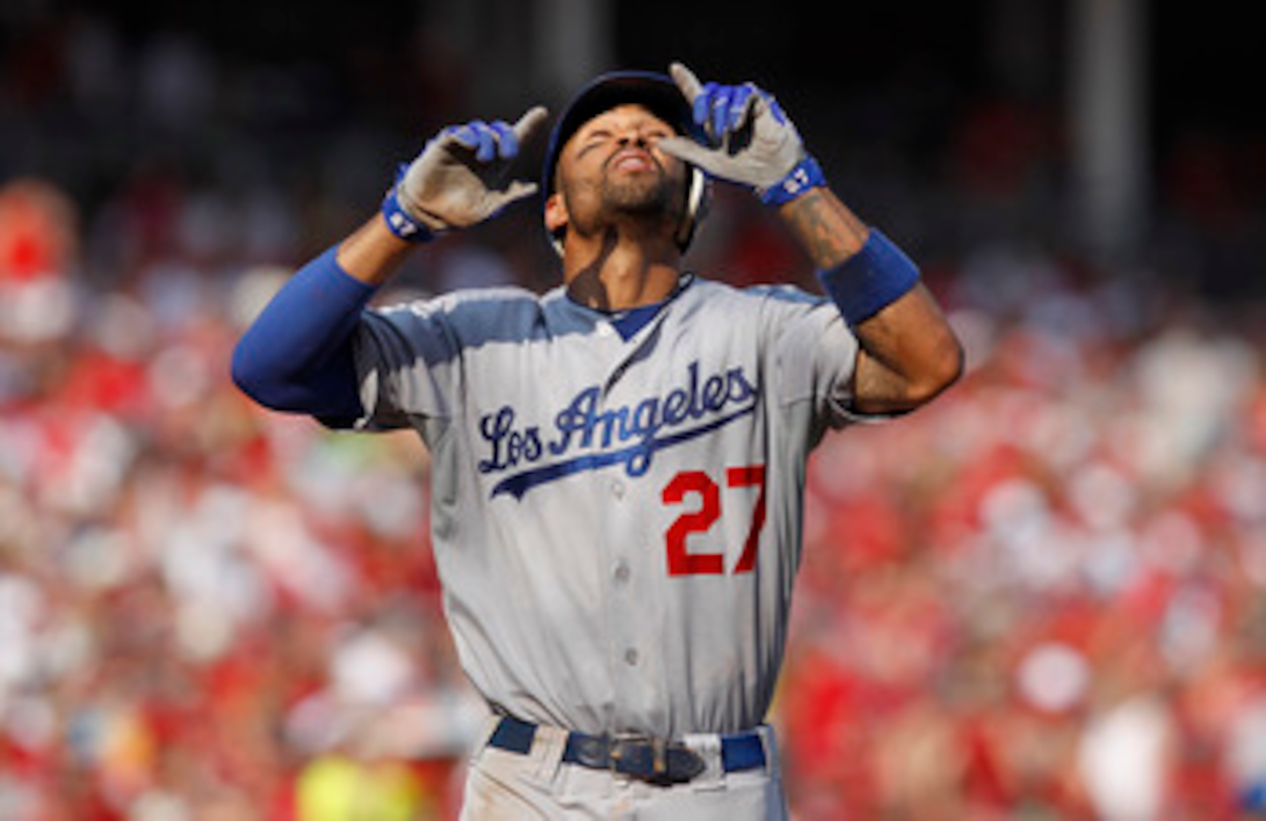 CINCINNATI, OH - JUNE 4: Matt Kemp #27 of the Los Angeles Dodgers celebrates after hitting a home run in the seventh inning against the Cincinnati Reds at Great American Ball Park on June 4, 2011 in Cincinnati, Ohio. Kemp also hit a grand slam in the eigh