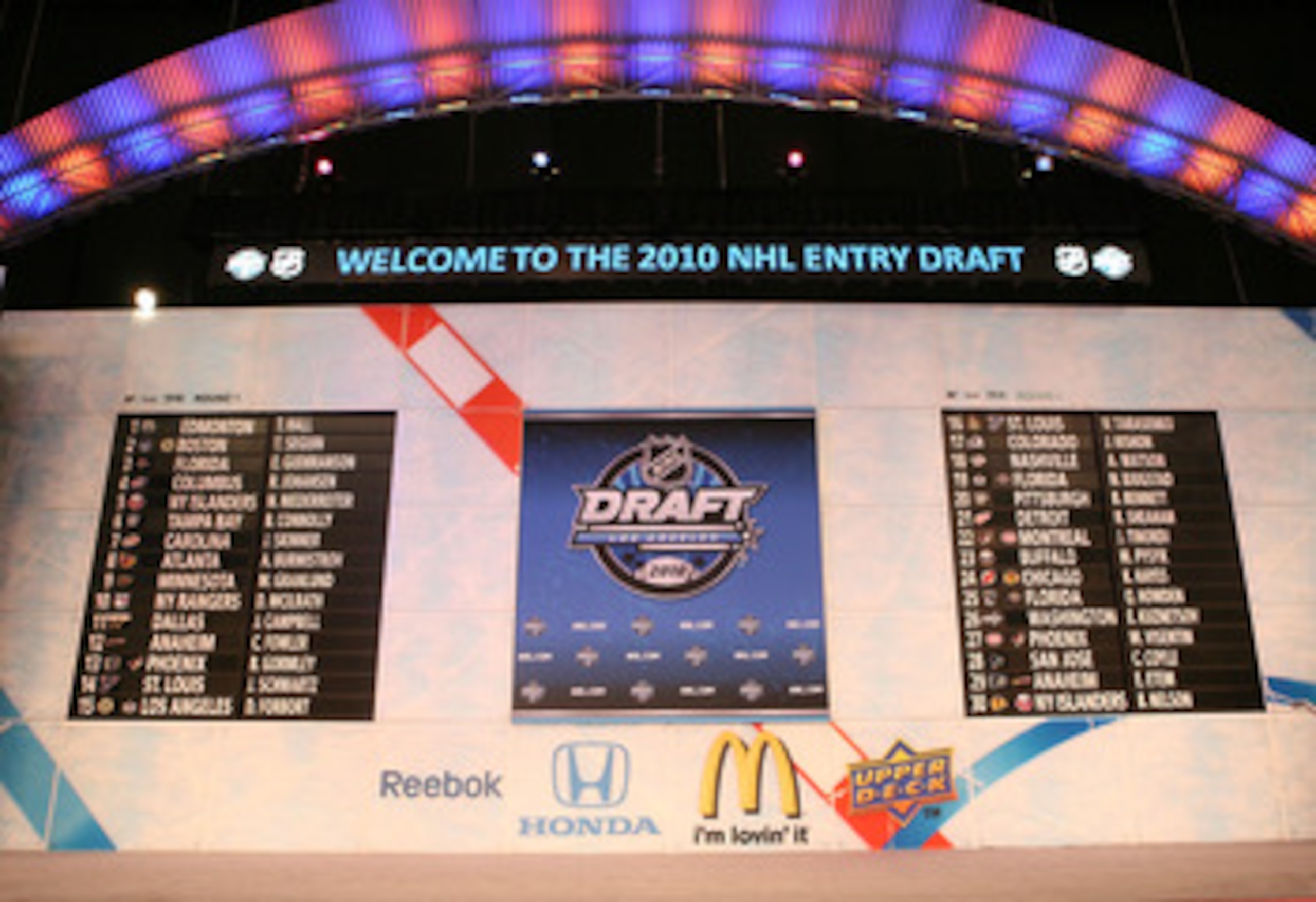 LOS ANGELES, CA - JUNE 25: The draft board following the first round during the 2010 NHL Entry Draft at Staples Center on June 25, 2010 in Los Angeles, California. (Photo by Bruce Bennett/Getty Images) LOS ANGELES, CA - JUNE 25: The draft board following the first round during the 2010 NHL Entry Draft at Staples Center on June 25, 2010 in Los Angeles, California. (Photo by Bruce Bennett/Getty Images)