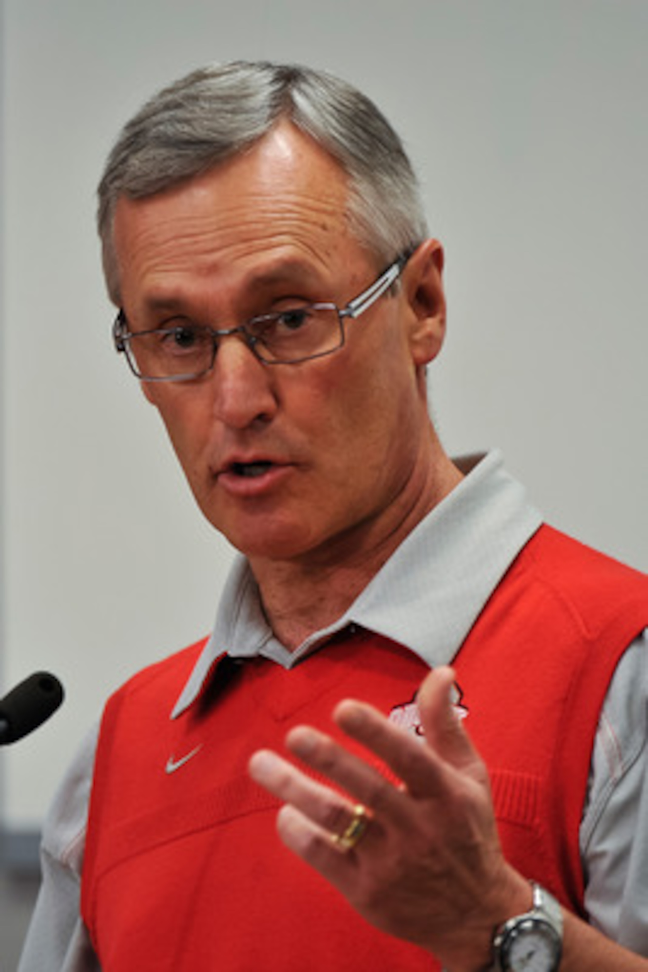 COLUMBUS, OH - MARCH 30:  Head Coach Jim Tressel speaks to the media during a press conference before the start of Spring practices at the Woody Hayes Athletic Center at The Ohio State University on March 30, 2011 in Columbus, Ohio. (Photo by Jamie Sabau/