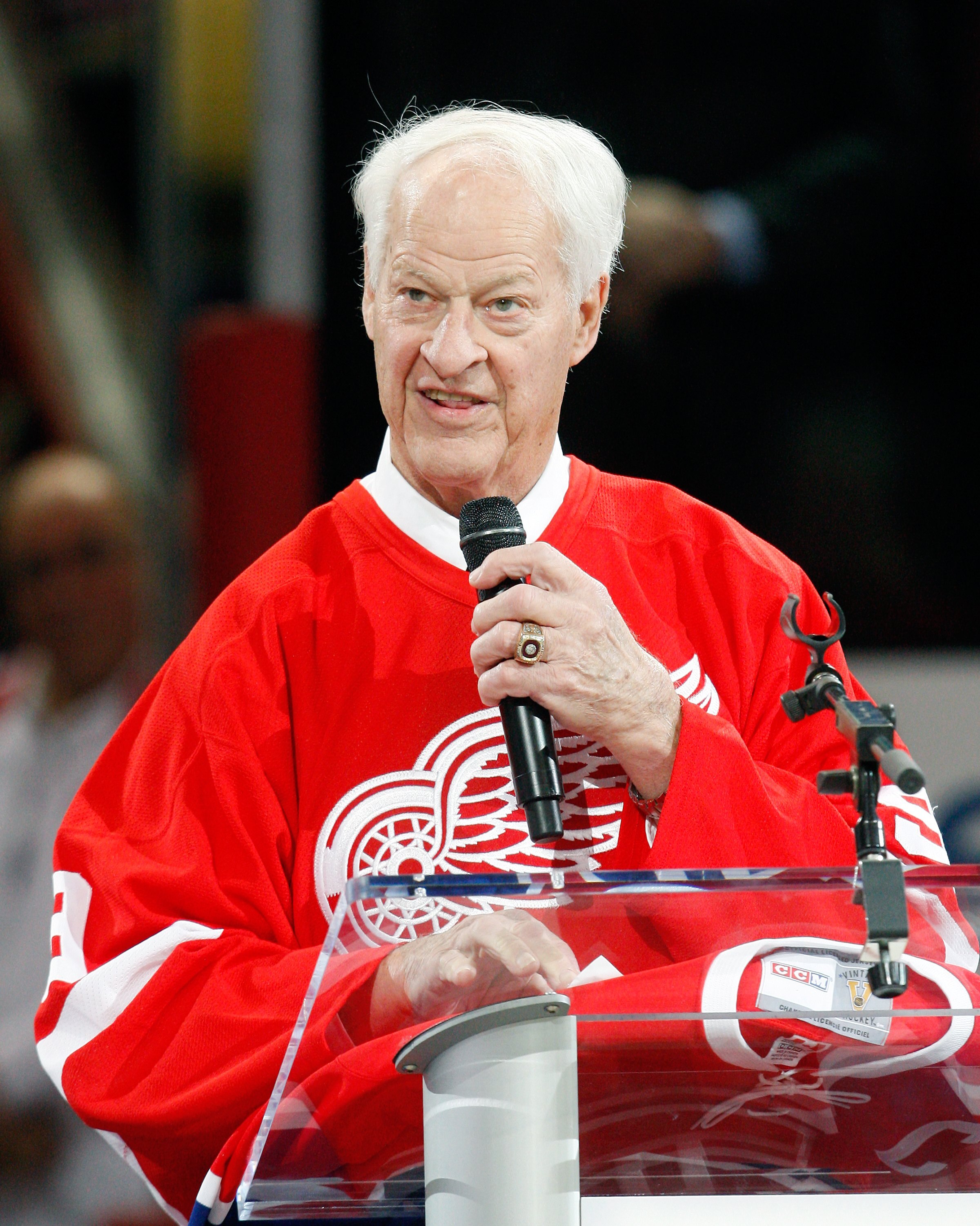 MONTREAL- DECEMBER 4:  Gordie Howe speaks to fans during the Centennial Celebration ceremonies prior to the NHL game between the Montreal Canadiens and Boston Bruins on December 4, 2009 at the Bell Centre in Montreal, Quebec, Canada.  The Canadiens defeat