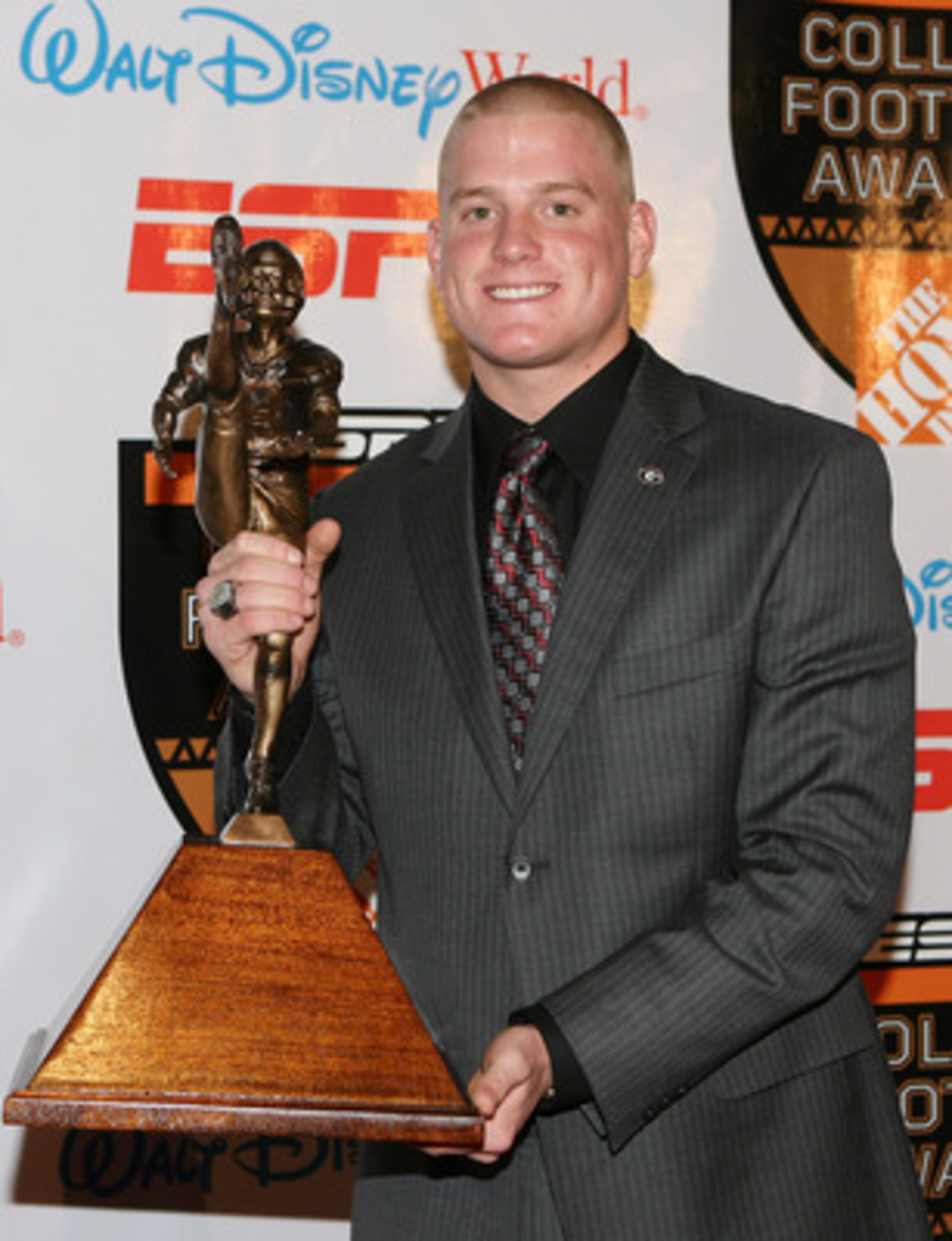 LAKE BUENA VISTA, FL - DECEMBER 10:  Punter Drew Butler of the Georgia Bulldogs poses with the Ray Guy Award trophy during the Home Depot ESPNU College Football Awards at the Disney Boardwalk on December 10, 2009 in Lake Buena Vista, Florida.  (Photo by D