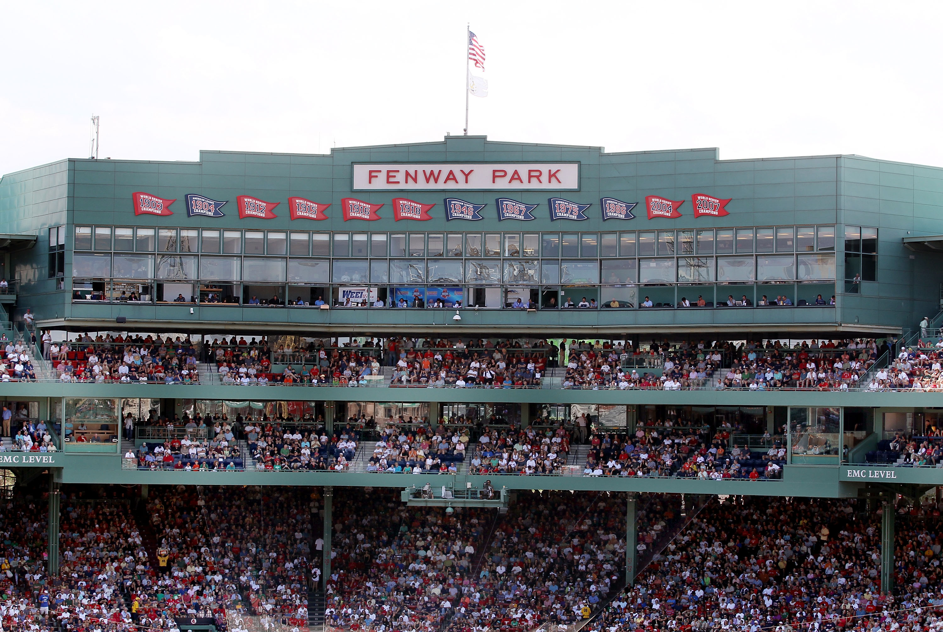 BOSTON - AUGUST 01:  A view of the press box during the game between the Boston Red Sox and the Detroit Tigers on August 1, 2010 at Fenway Park in Boston, Massachusetts.  (Photo by Elsa/Getty Images)