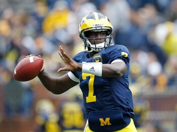 ANN ARBOR, MI - APRIL 16: Devin Gardner #7 of the Michigan Wolverines drops back to pass during the annual Spring Game at Michigan Stadium on April 16, 2011 in Ann Arbor, Michigan. (Photo by Leon Halip/Getty Images) ANN ARBOR, MI - APRIL 16: Devin Gardner #7 of the Michigan Wolverines drops back to pass during the annual Spring Game at Michigan Stadium on April 16, 2011 in Ann Arbor, Michigan. (Photo by Leon Halip/Getty Images)