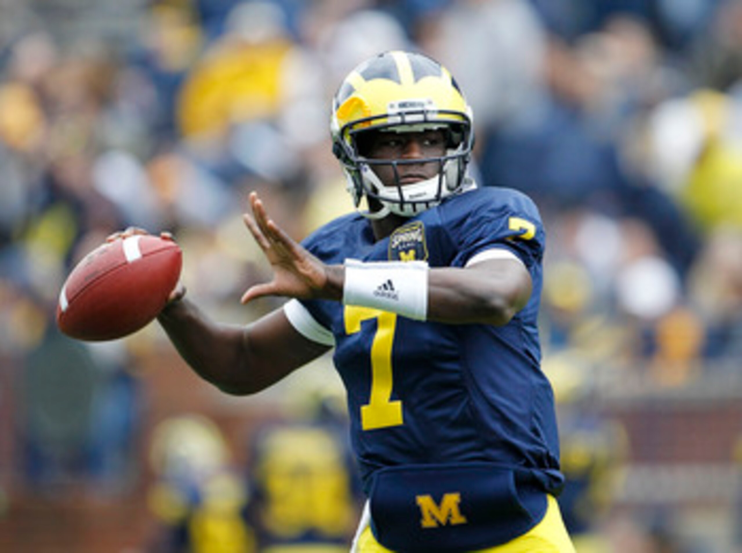 ANN ARBOR, MI - APRIL 16: Devin Gardner #7 of the Michigan Wolverines drops back to pass during the annual Spring Game at Michigan Stadium on April 16, 2011 in Ann Arbor, Michigan.  (Photo by Leon Halip/Getty Images)