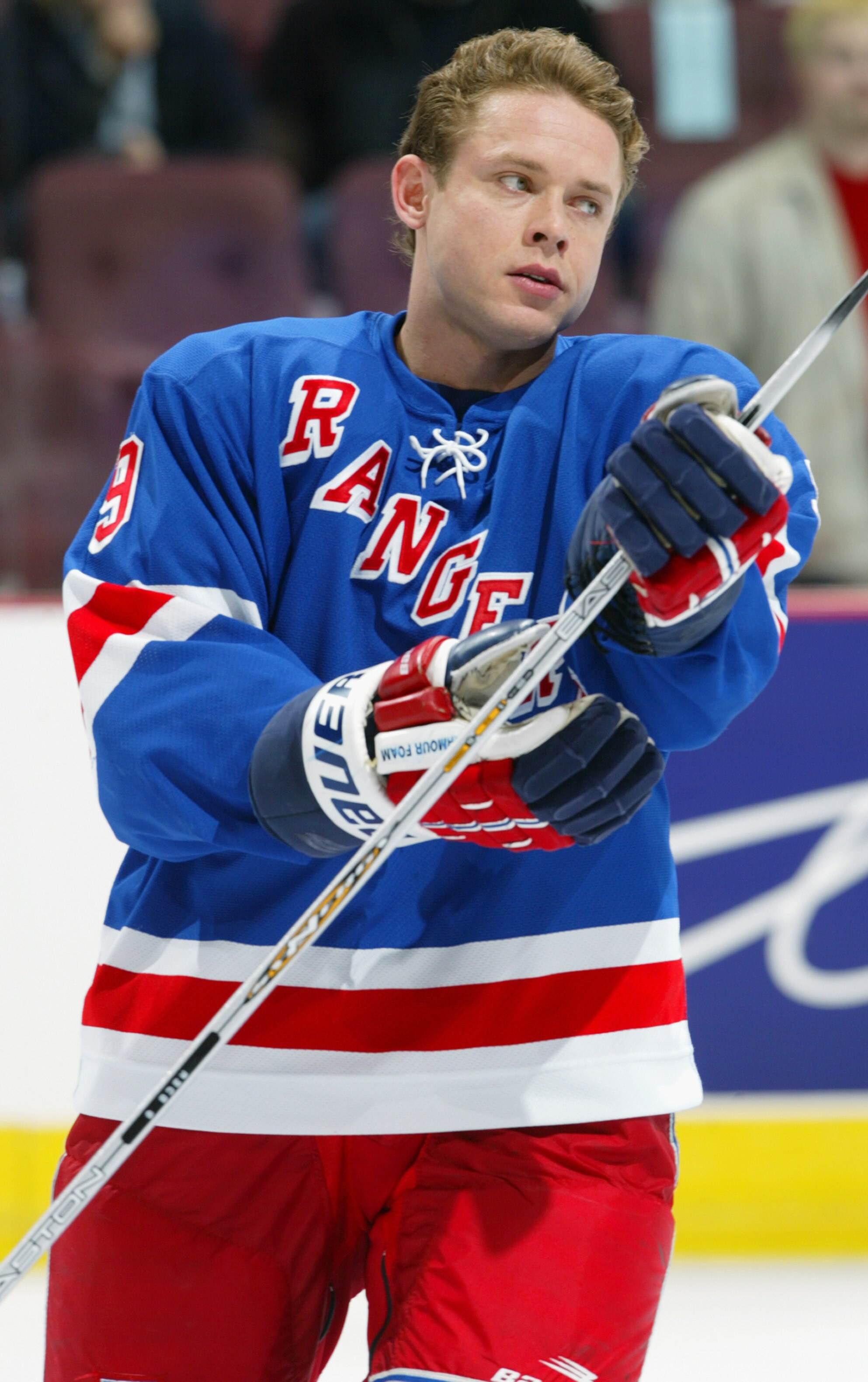 VANCOUVER - NOVEMBER 16:  Right wing Pavel Bure #9 of the New York Rangers looks on in warm ups during the NHL game against the Vancouver Canucks at General Motors Place on November 16, 2002 in Vancouver, British Columbia.  The Canucks won 3-1. (Photo by