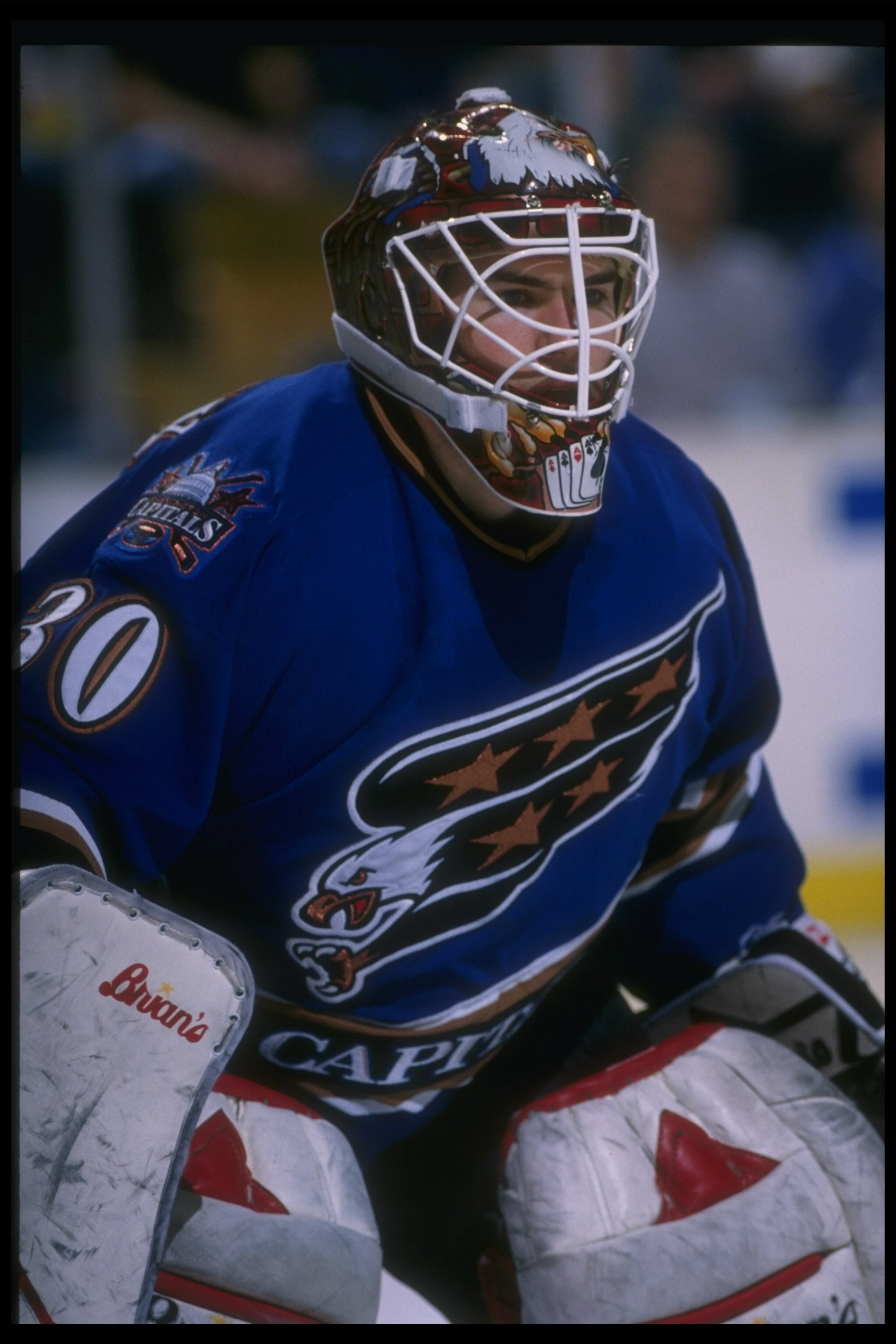 9 Apr 1996: Goaltender Jim Carey of the Washington Capitals looks on during a game against the Buffalo Sabres at Memorial Auditorium in Buffalo, New York.