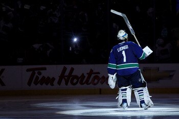VANCOUVER, BC - JUNE 04:  Roberto Luongo #1 of the Vancouver Canucks celebrates after defeating the Boston Bruins in Game Two of the 2011 NHL Stanley Cup Final at Rogers Arena on June 4, 2011 in Vancouver, British Columbia, Canada.  (Photo by Bruce Bennet