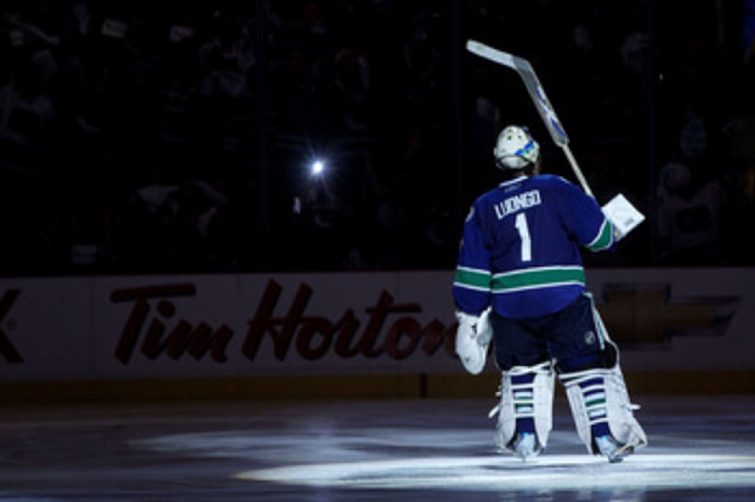 VANCOUVER, BC - JUNE 04:  Roberto Luongo #1 of the Vancouver Canucks celebrates after defeating the Boston Bruins in Game Two of the 2011 NHL Stanley Cup Final at Rogers Arena on June 4, 2011 in Vancouver, British Columbia, Canada.  (Photo by Bruce Bennet