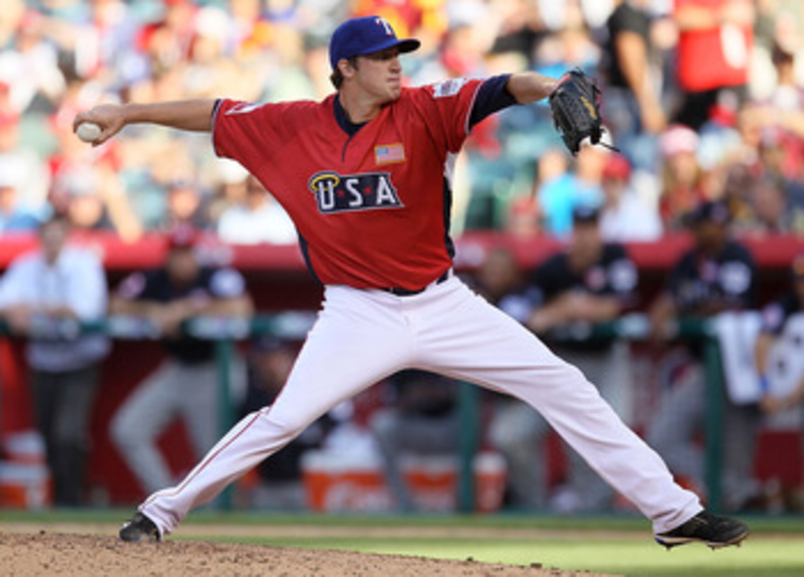 ANAHEIM, CA - JULY 11:  U.S. Futures All-Star Tanner Scheppers #26 of the Texas Rangers throws a pitch during the 2010 XM All-Star Futures Game at Angel Stadium of Anaheim on July 11, 2010 in Anaheim, California.  (Photo by Stephen Dunn/Getty Images)