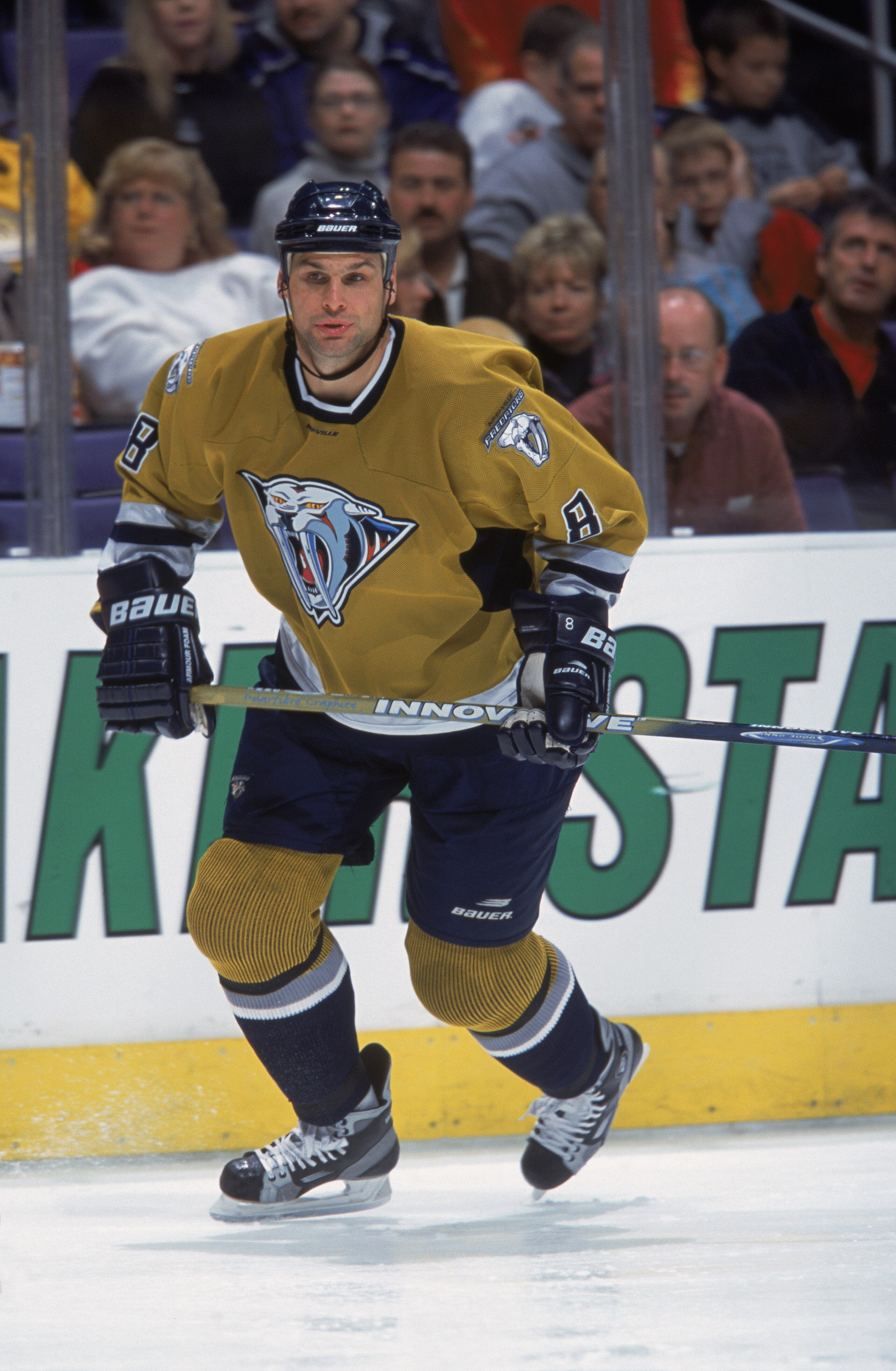 LOS ANGELES - DECEMBER 1:  Left wing  Stu Grimson  #8 of the Nashville Predators skates on the ice during an NHL game against the Los Angeles Kings at the Staples Center in Los Angeles, California.  The Kings defeated the Predators 4-2. (Photo by Robert L