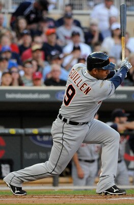 MINNEAPOLIS, MN - JUNE 28: Carlos Guillen #9 of the Detroit Tigers singles in the first inning against the Minnesota Twins during their game on June 28, 2010 at Target Field in Minneapolis, Minnesota. Tigers won 7-5. (Photo by Hannah Foslien /Getty Images