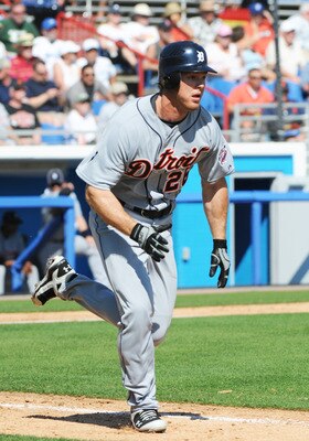 DUNEDIN, FL - FEBRUARY 26:  Outfielder Brennan Boesch #26 of the Detroit Tigers runs to first base against the Toronto Blue Jays February 26, 2011 at Florida Auto Exchange Stadium in Dunedin, Florida.  (Photo by Al Messerschmidt/Getty Images)