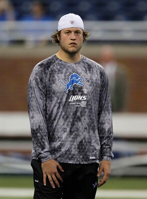 DETROIT - OCTOBER 10:  Matthew Stafford #9 of the Detroit Lions watches the warm ups prior to the start of the game against the St. Louis Rams at Ford Field on October 10, 2010 in Detroit, Michigan.  (Photo by Leon Halip/Getty Images)