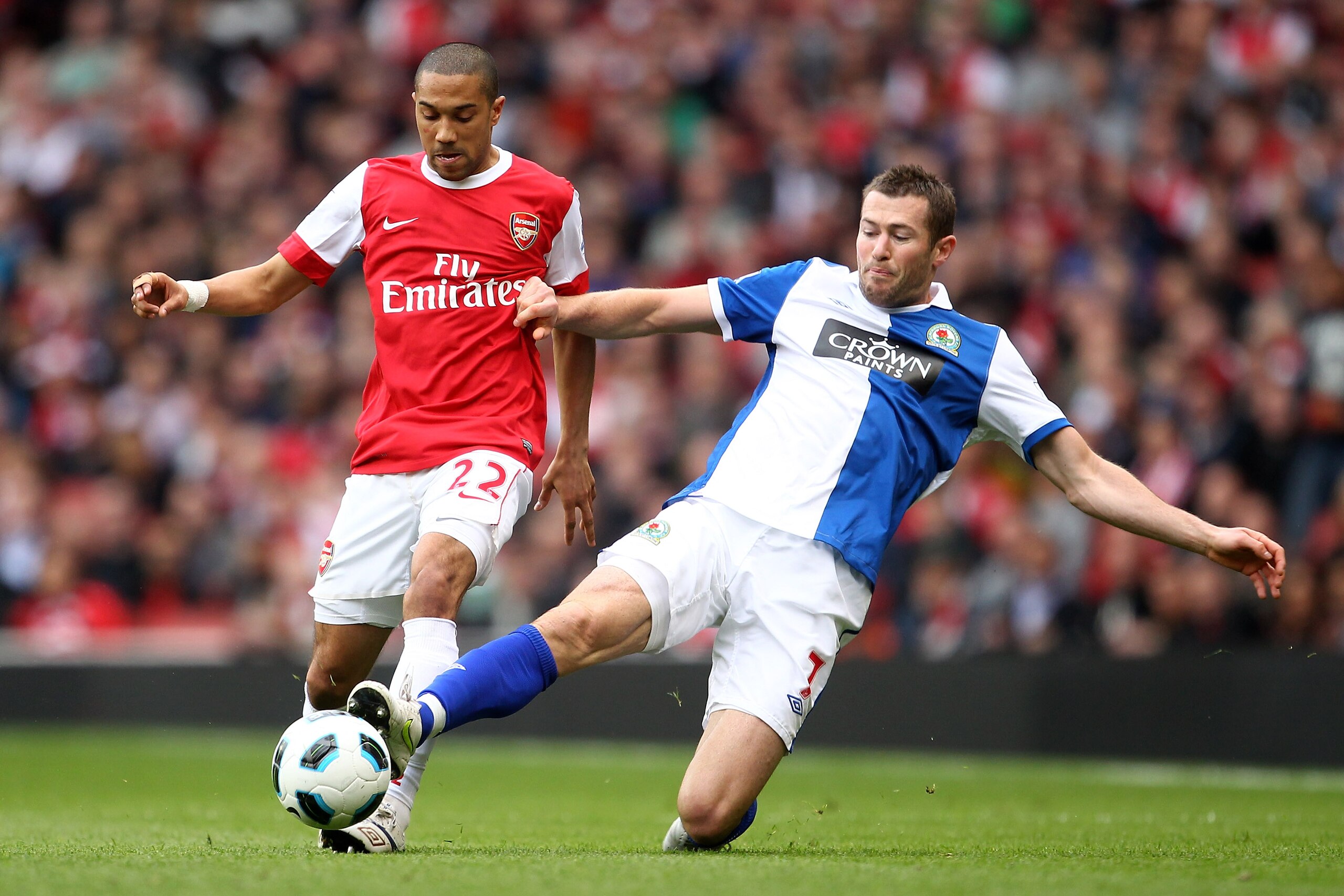 LONDON, ENGLAND - APRIL 02:  Brett Emerton of Blackburn challenges Gael Clichy of Arsenal during the Barclays Premier League match between Arsenal and Blackburn Rovers at the Emirates Stadium on April 2, 2011 in London, England.  (Photo by Julian Finney/G