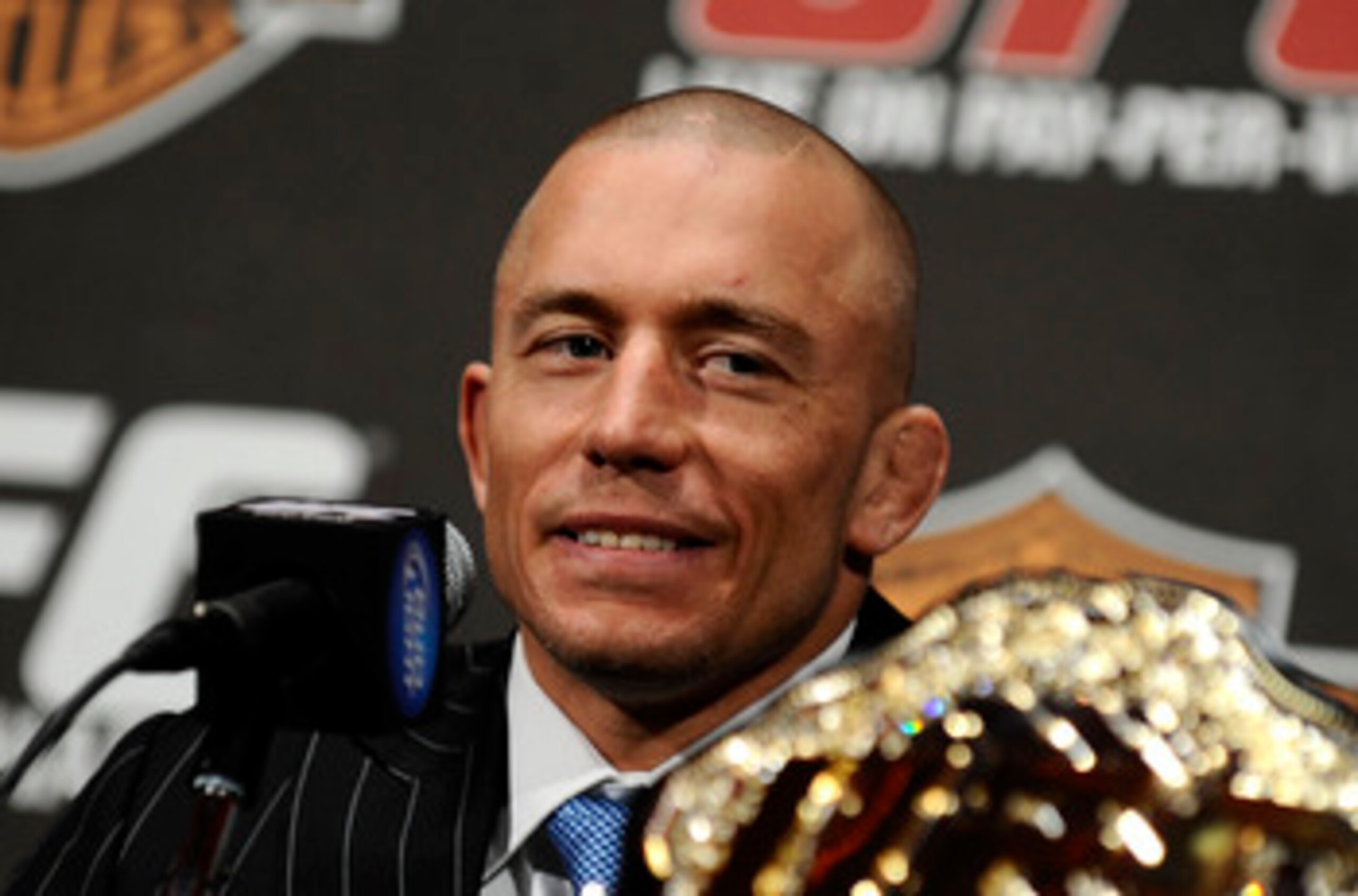 NEW YORK - MARCH 24:  Georges St-Pierre of Montreal, Quebec, Canada speaks at a press conference for UFC 111 at Radio City Music Hall on March 24, 2010 in New York City.  St-Pierre will face Dan Hardy of Nottingham UK in the Welterweight title bout. (Phot