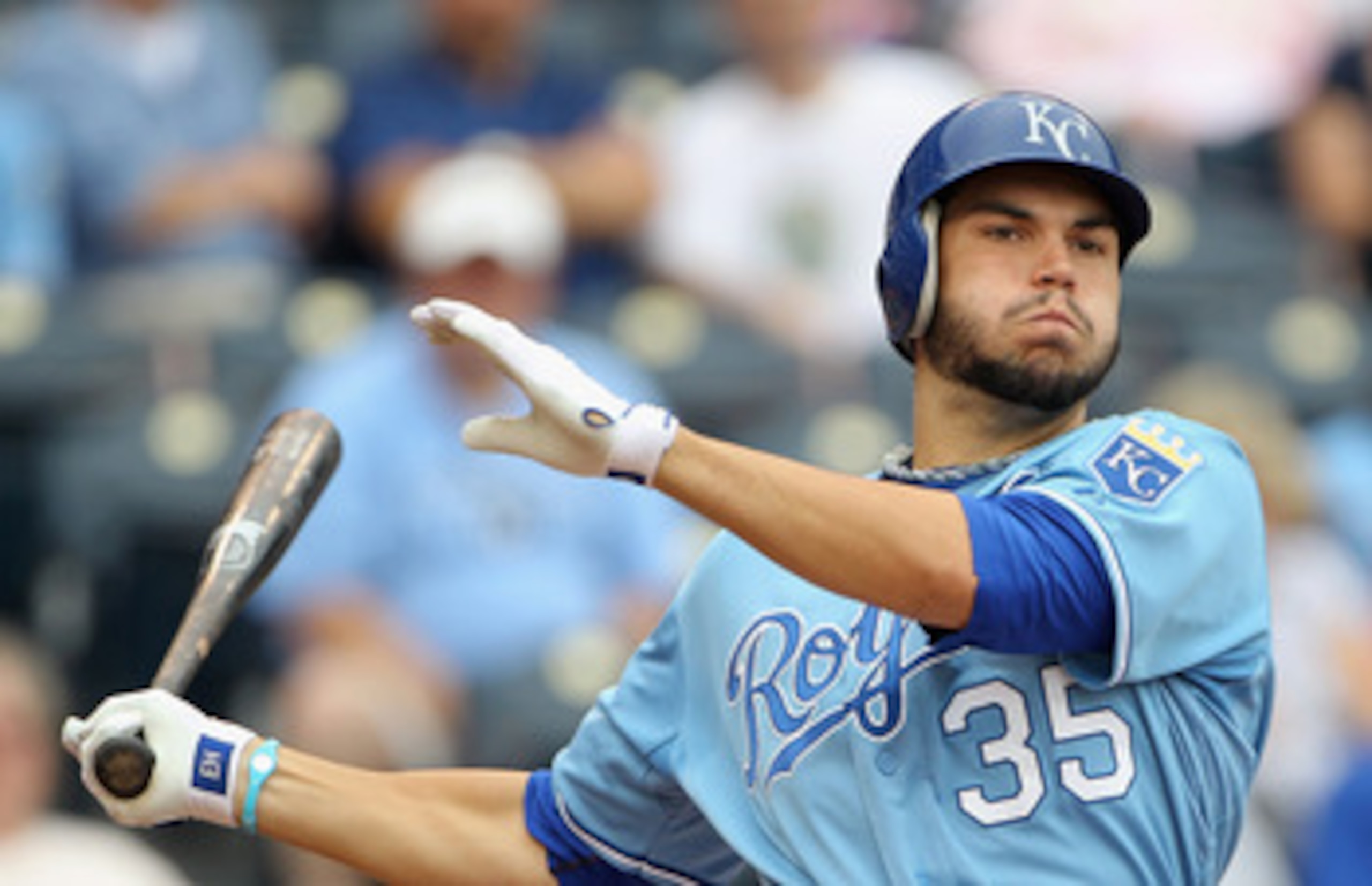 KANSAS CITY, MO - JUNE 01:  Eric Hosmer #35 of the Kansas City Royals in action during the game against the Los Angeles Angels of Anaheim on June 1, 2011 at Kauffman Stadium in Kansas City, Missouri.  (Photo by Jamie Squire/Getty Images)