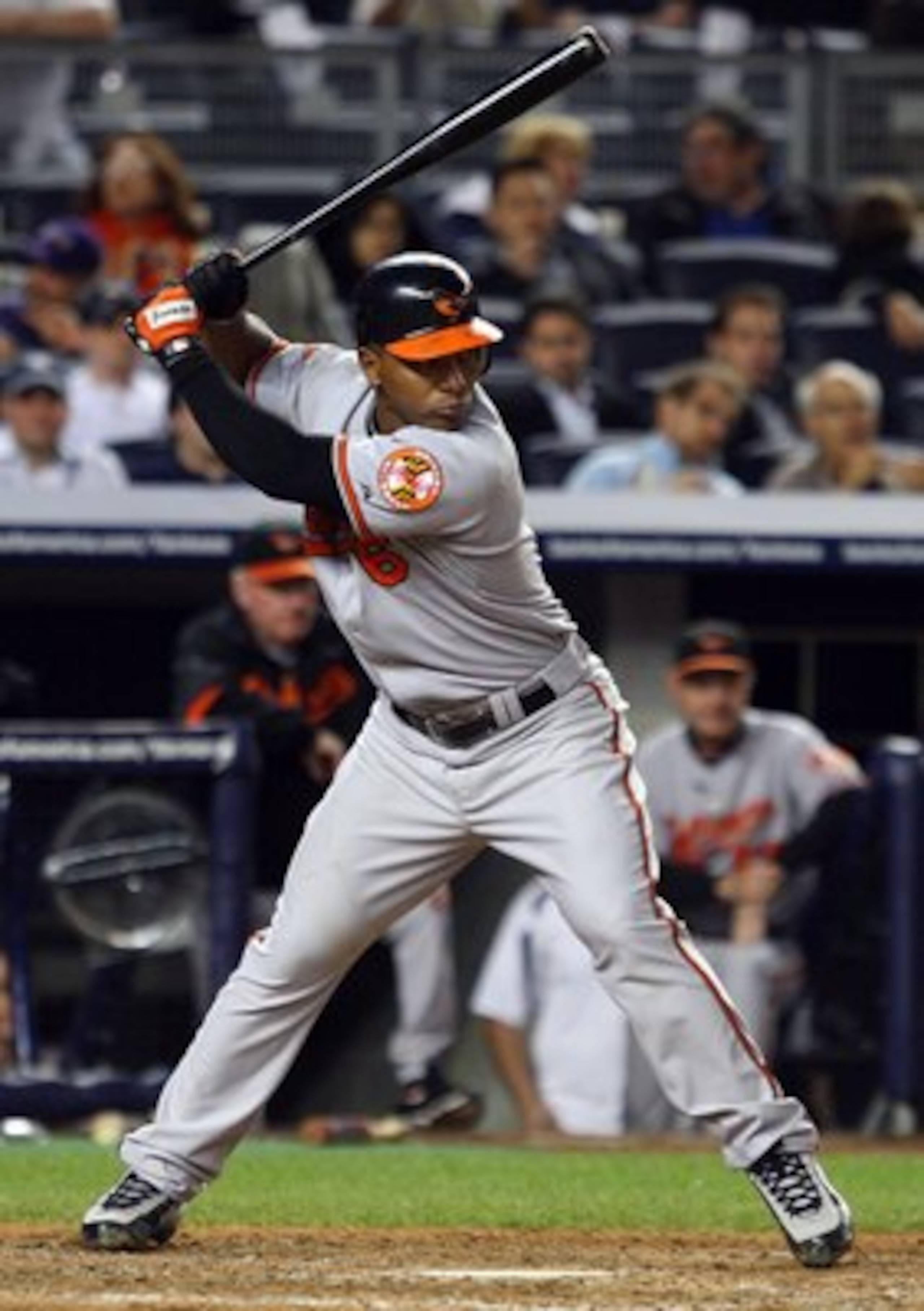 NEW YORK - MAY 19:  Melvin Mora #6 of the Baltimore Orioles bats against the New York Yankees on May 19, 2009 at Yankee Stadium in the Bronx borough of New York City.  (Photo by Jim McIsaac/Getty Images)