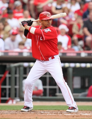CINCINNATI - MAY 16:  Orlando Cabrera #2 of the Cincinnati Reds is at bat during the game against the St. Louis Cardinals at Great American Ball Park on May 16, 2010 in Cincinnati, Ohio.  (Photo by Andy Lyons/Getty Images)