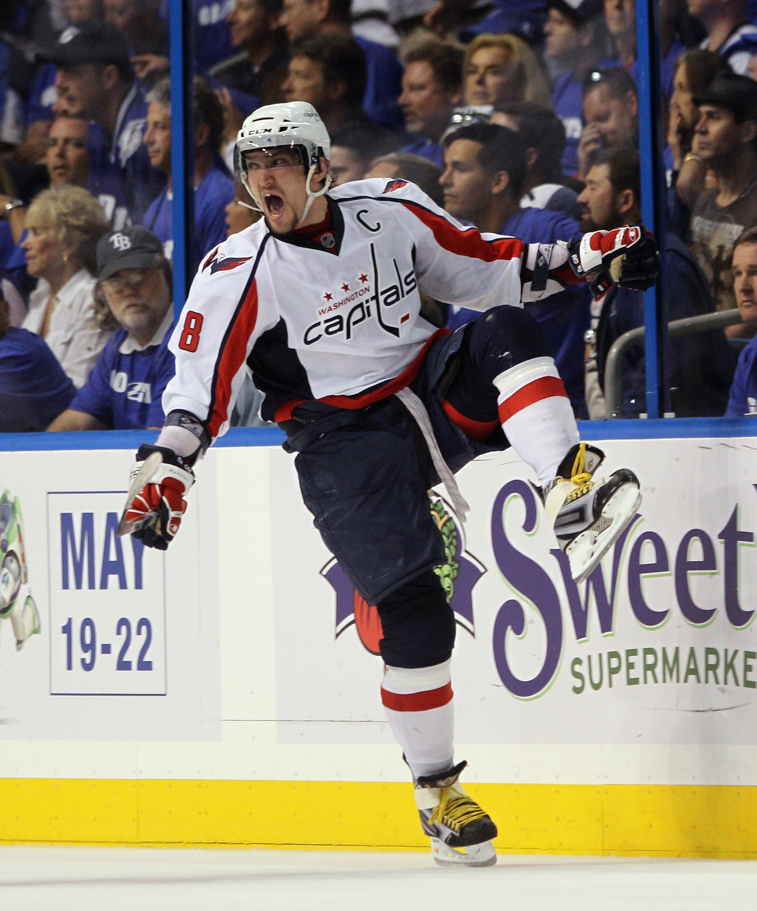 TAMPA, FL - MAY 03:  Alex Ovechkin #8 of the Washington Capitals scores a power play goal at 17:27 of the second period against the Tampa Bay Lightning in Game Three of the Eastern Conference Semifinals during the 2011 NHL Stanley Cup Playoffs at St Pete