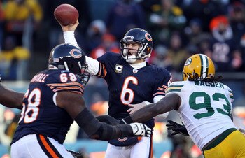CHICAGO, IL - JANUARY 23:  Quarterback Jay Cutler #6 of the Chicago Bears throws the ball against the Green Bay Packers in the NFC Championship Game at Soldier Field on January 23, 2011 in Chicago, Illinois.  (Photo by Jonathan Daniel/Getty Images)