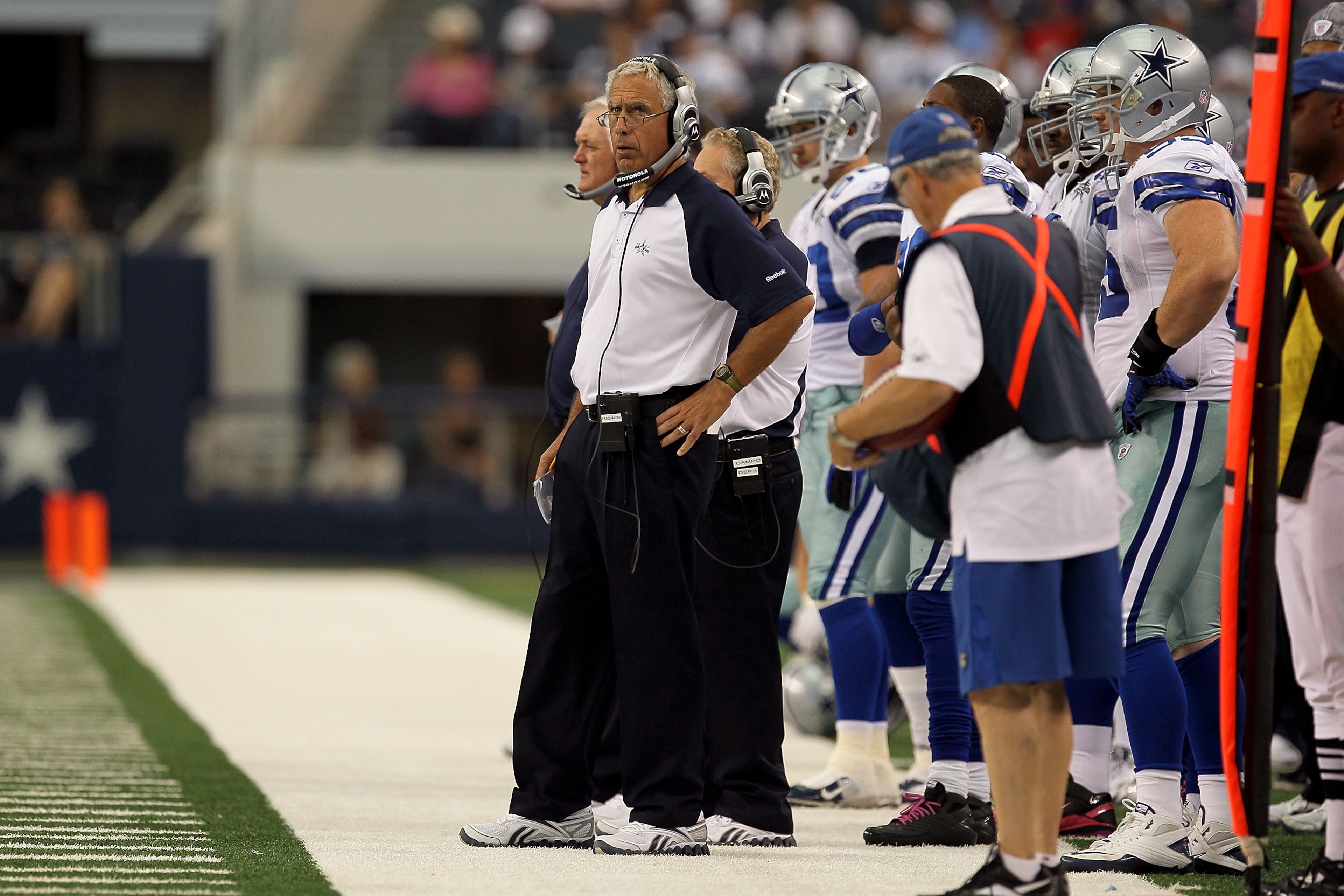 ARLINGTON, TX - OCTOBER 31:  Defensive line coach Paul Pasqualoni of the Dallas Cowboys looks on against the Jacksonville Jaguars at Cowboys Stadium on October 31, 2010 in Arlington, Texas.  (Photo by Stephen Dunn/Getty Images)