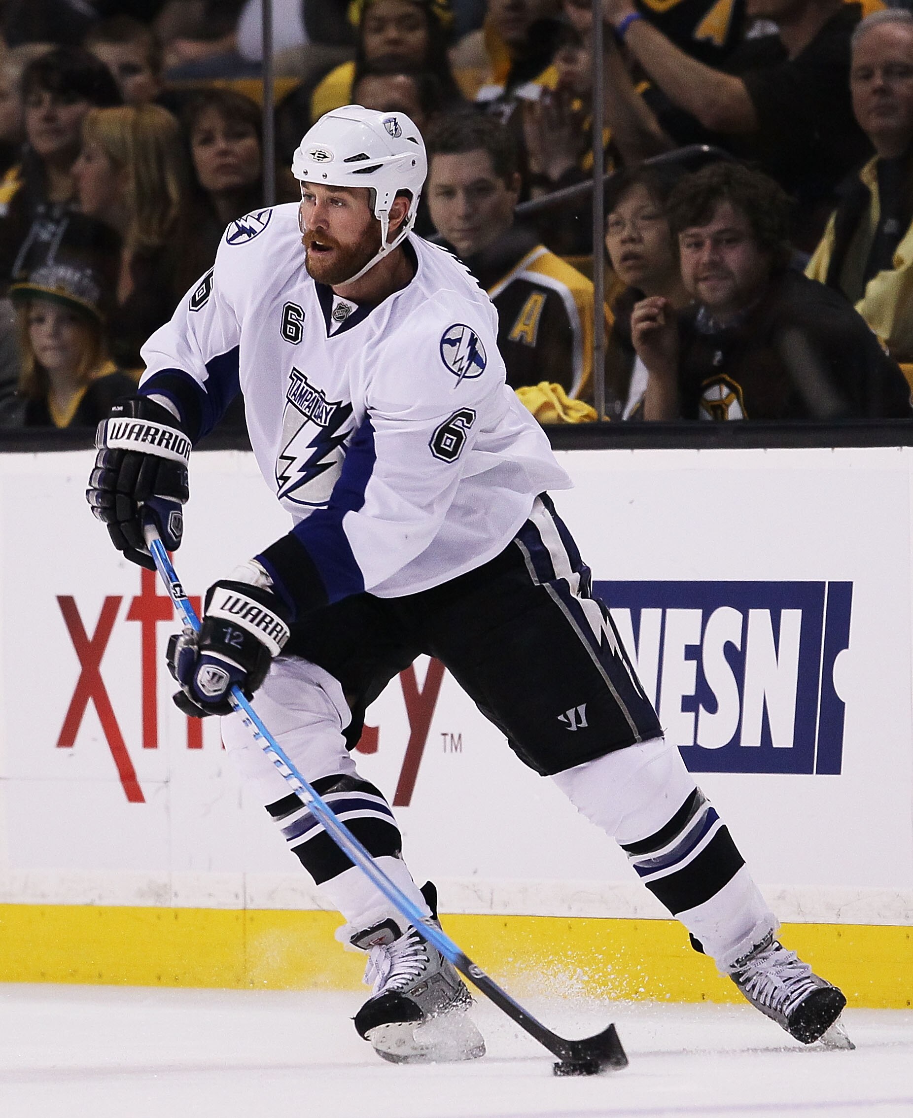 BOSTON, MA - MAY 23:  Ryan Malone #6 of the Tampa Bay Lightning controls the puck in Game Five of the Eastern Conference Finals against the Boston Bruins during the 2011 NHL Stanley Cup Playoffs at TD Garden on May 23, 2011 in Boston, Massachusetts.  (Pho