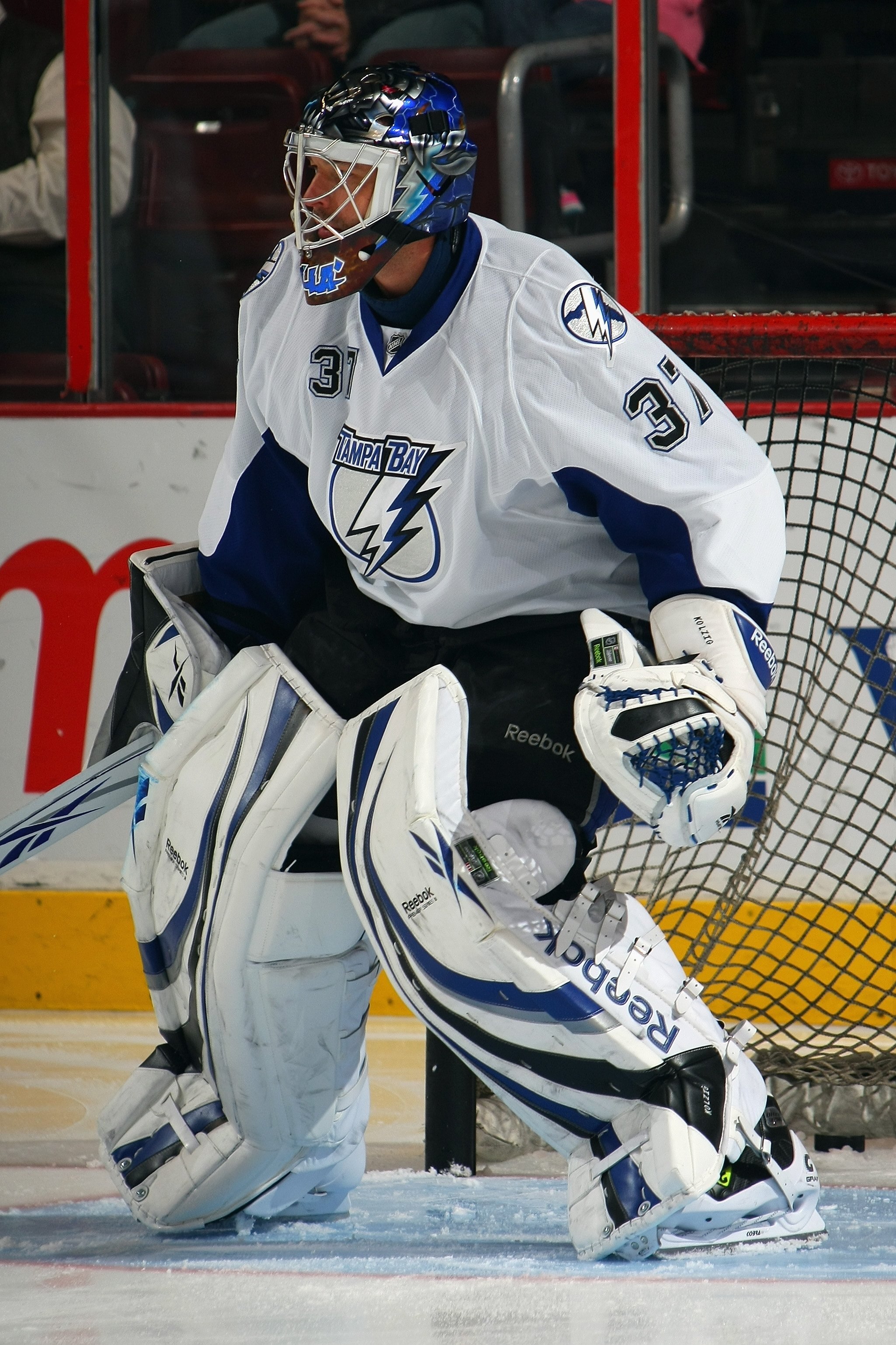 PHILADELPHIA - DECEMBER 2:  Olaf Kolzig #37 of the Tampa Bay Lightning warms up before the game against the Philadelphia Flyers on December 2, 2008 at Wachovia Center in Philadelphia, Pennsylvania. (Photo by Bruce Bennett/Getty Images)