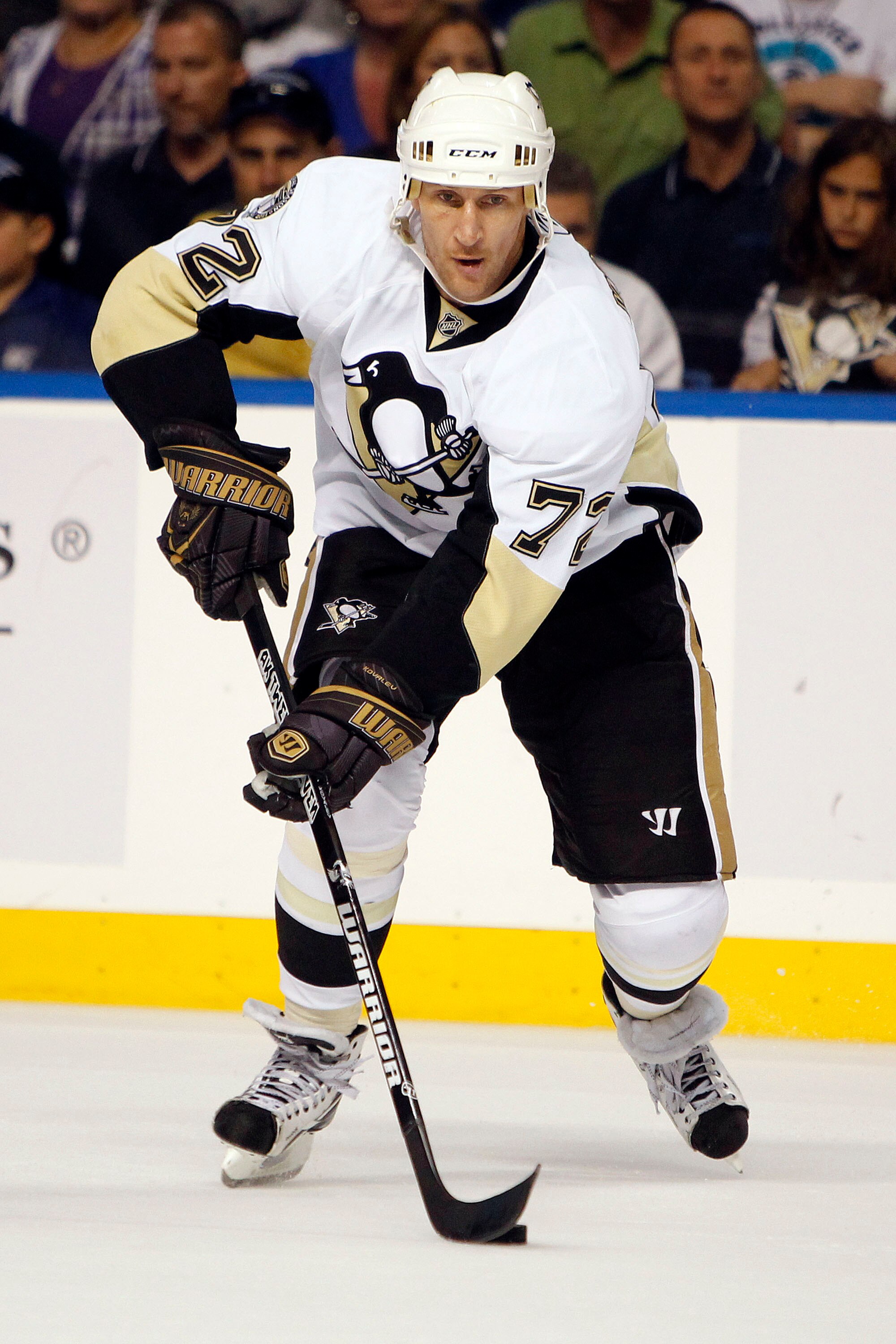 TAMPA, FL - APRIL 20: Alex Kovalev #72 of the Pittsburgh Penguins skates with the puck against the Tampa Bay Lightning in Game Four of the Eastern Conference Quarterfinals during the 2011 NHL Stanley Cup Playoffs at the St. Pete Times Forum on April 20, 2
